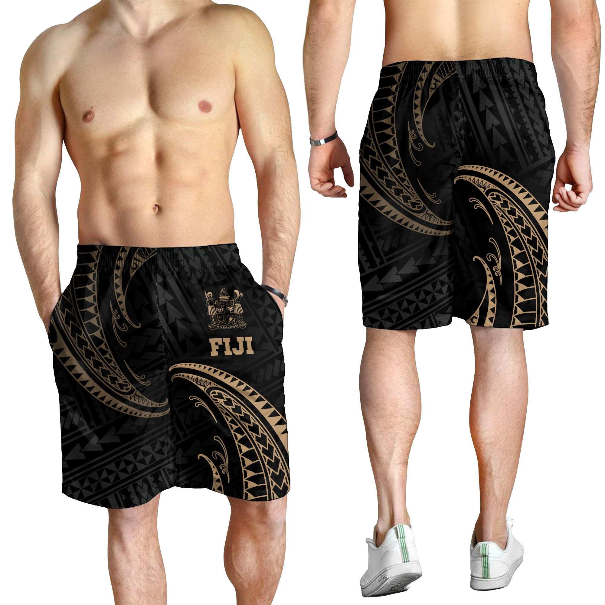 Fiji Polynesian Men's Short - Gold Tribal Wave - Vibe Hoodie Shop