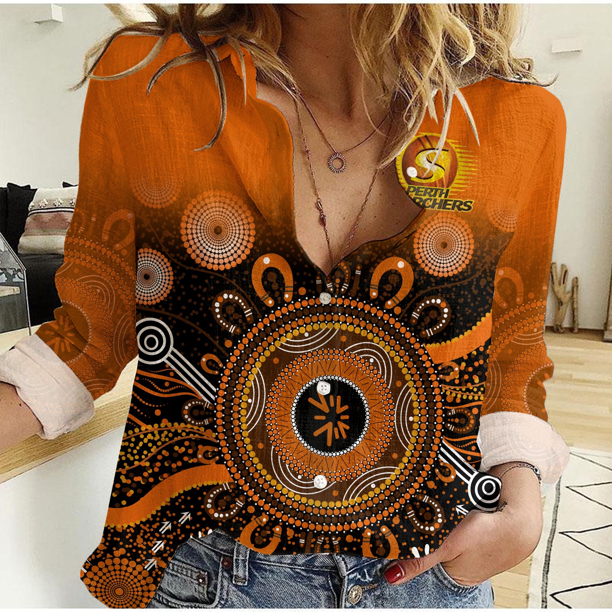 Perth Scorchers Women Casual Shirt Aboriginal Sunshine - Vibe Hoodie Shop