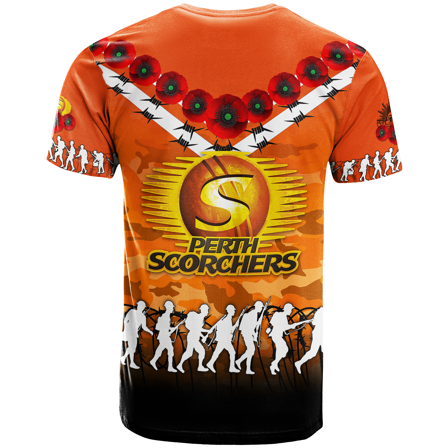 Perth Scorchers ANZAC 2022 T shirt Camouflage With Poppy - - Vibe Hoodie Shop