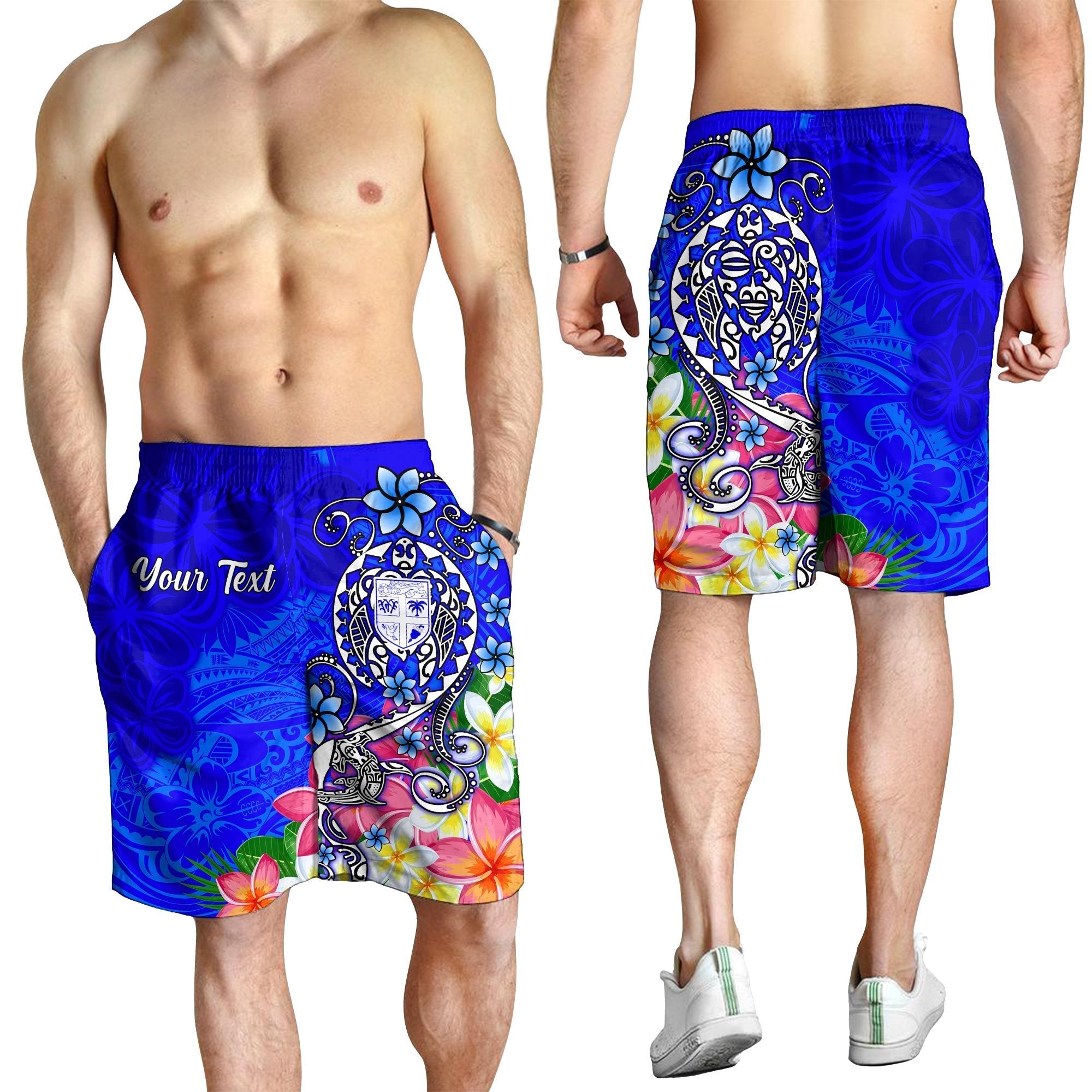 Fiji Custom Personalised Men's Shorts - Turtle Plumeria (Blue) - Vibe Hoodie Shop