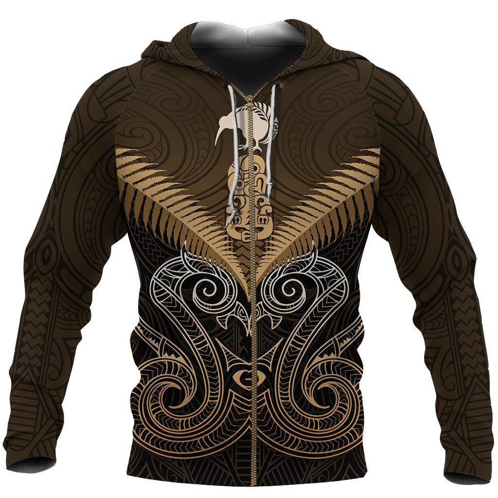 Maori Manaia New Zealand Zip Up Hoodie Gold - Vibe Hoodie Shop