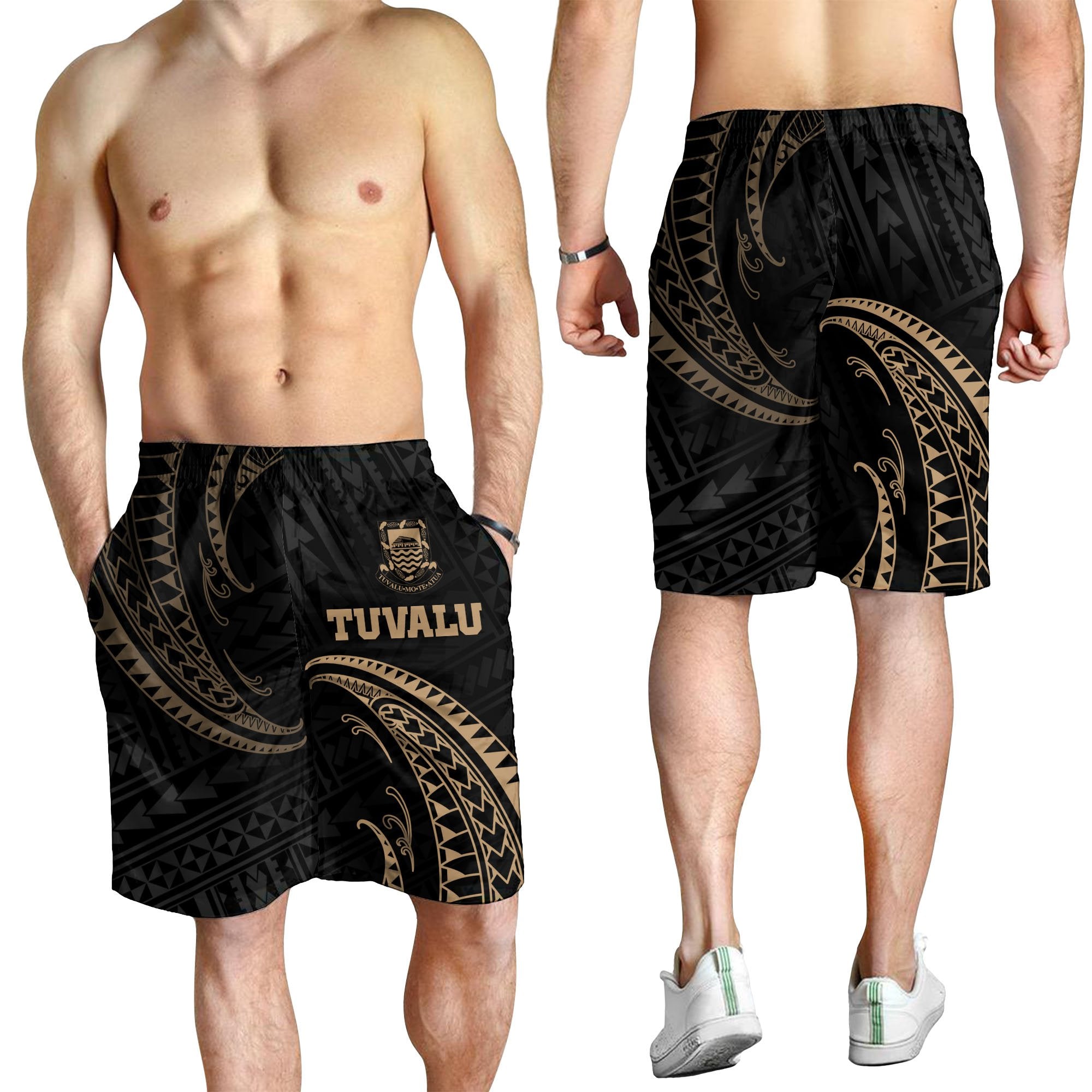 Tuvalu Polynesian Men's Short - Gold Tribal Wave - Vibe Hoodie Shop