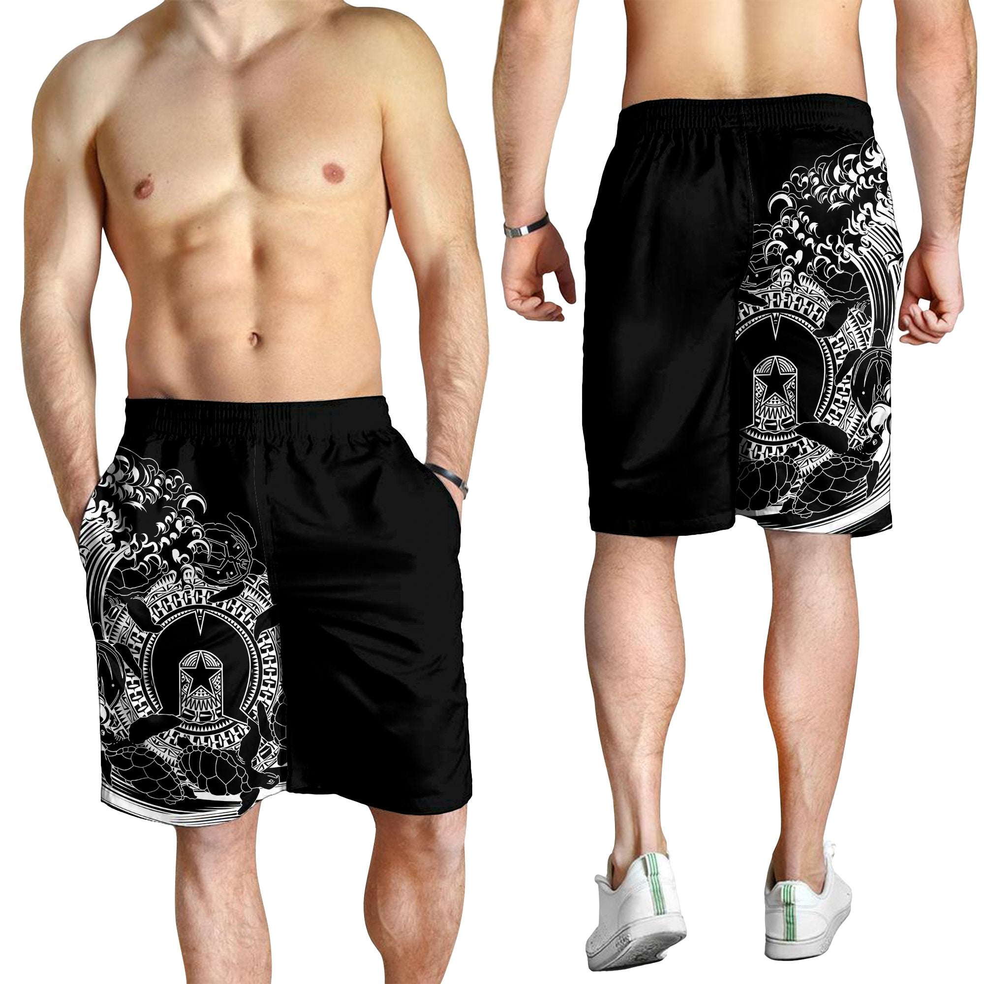 Aboriginal Men Shorts, Torres Strait Islands in Wave (Black) - Vibe Hoodie Shop