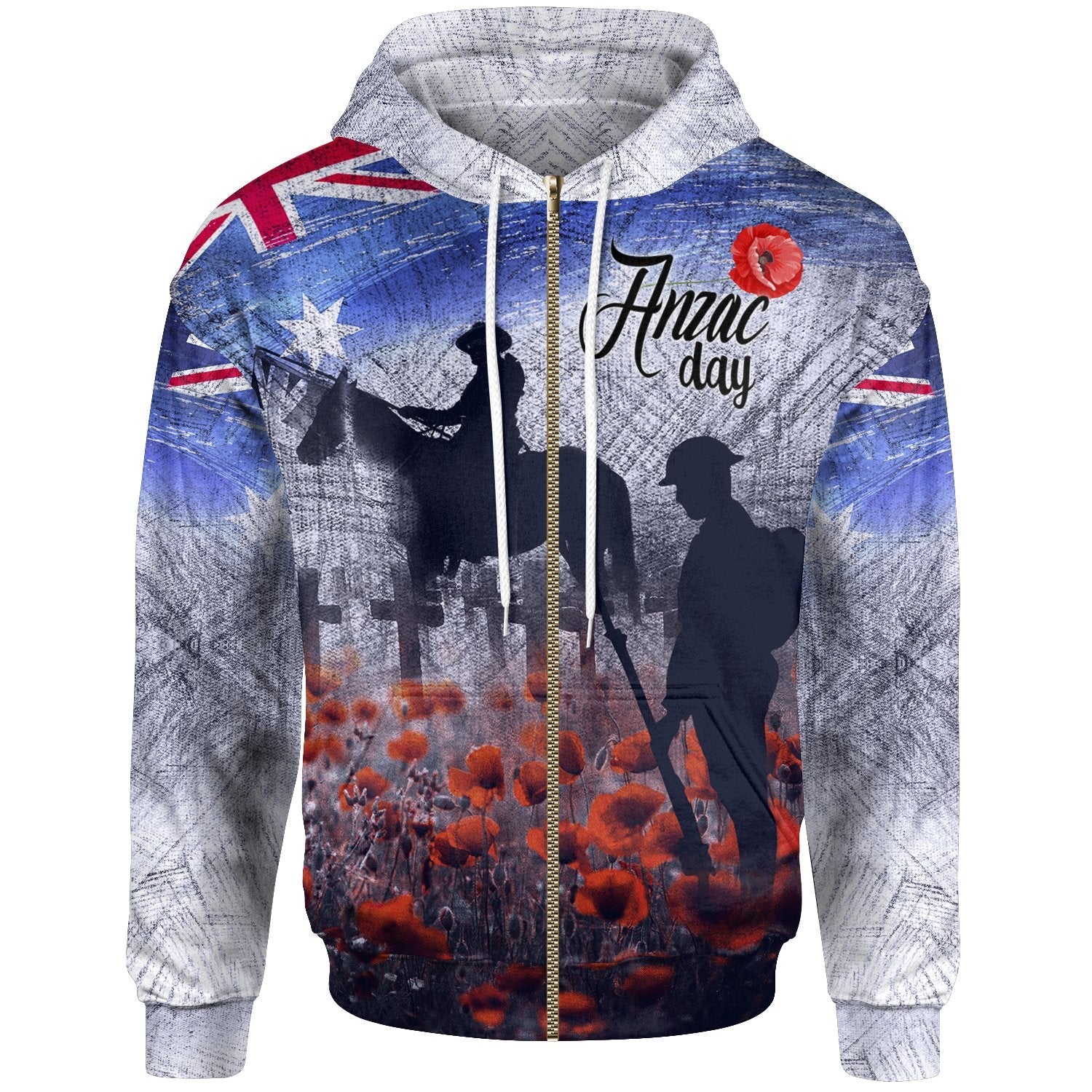 ANZAC Day Zip - Up Hoodie - Lest We Forget Vintage Poppies - Vibe Hoodie Shop