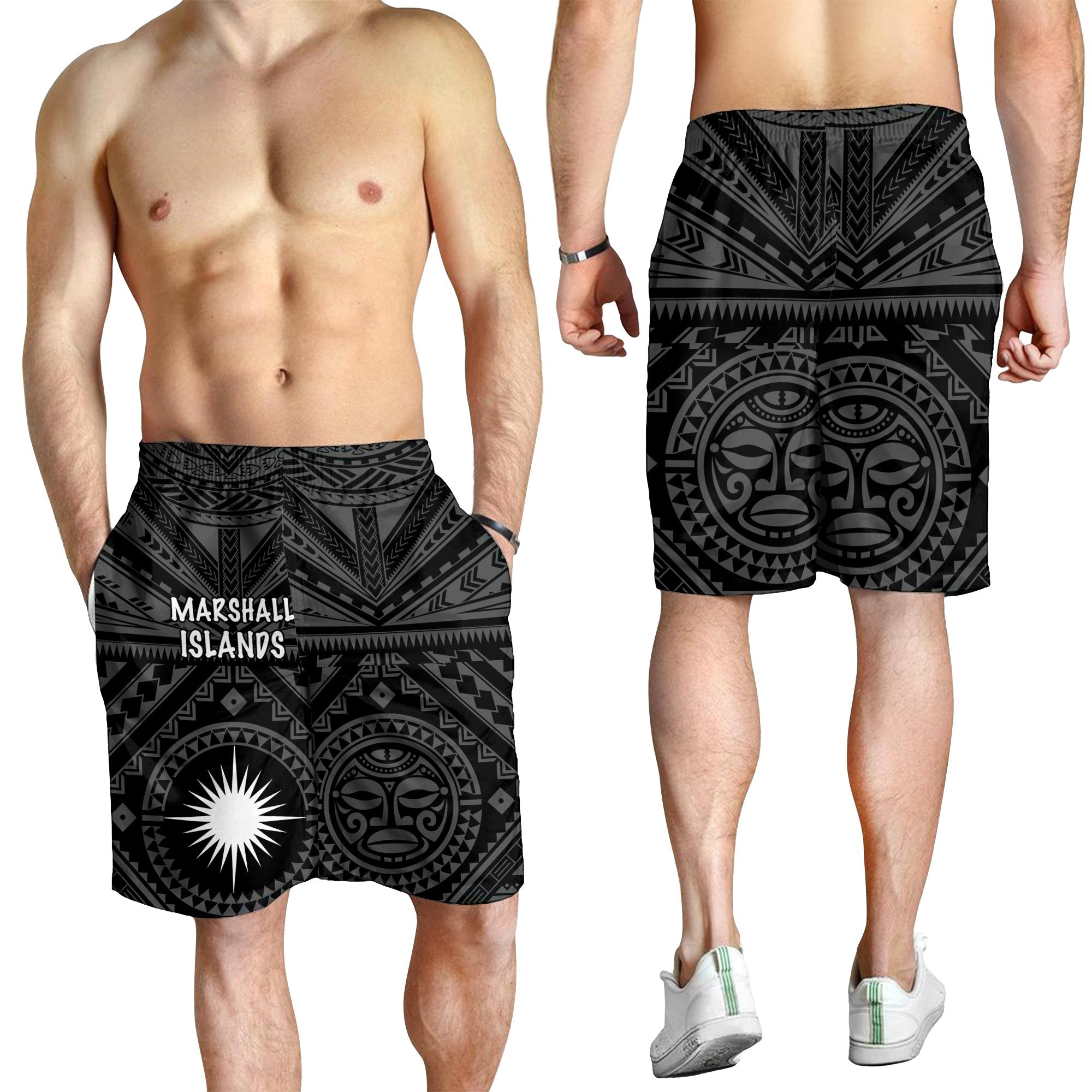 Marshall Men's Shorts - Marshall Seal With Polynesian Tattoo Style (Black) - Vibe Hoodie Shop