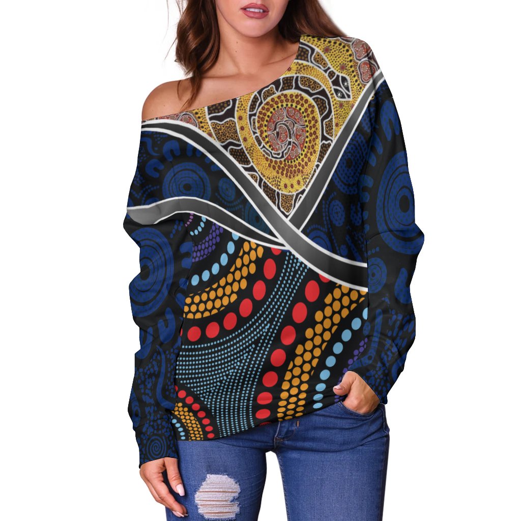 Australia Women Off Shoulder - Aboriginal Dot Panting Art With Snake - Vibe Hoodie Shop