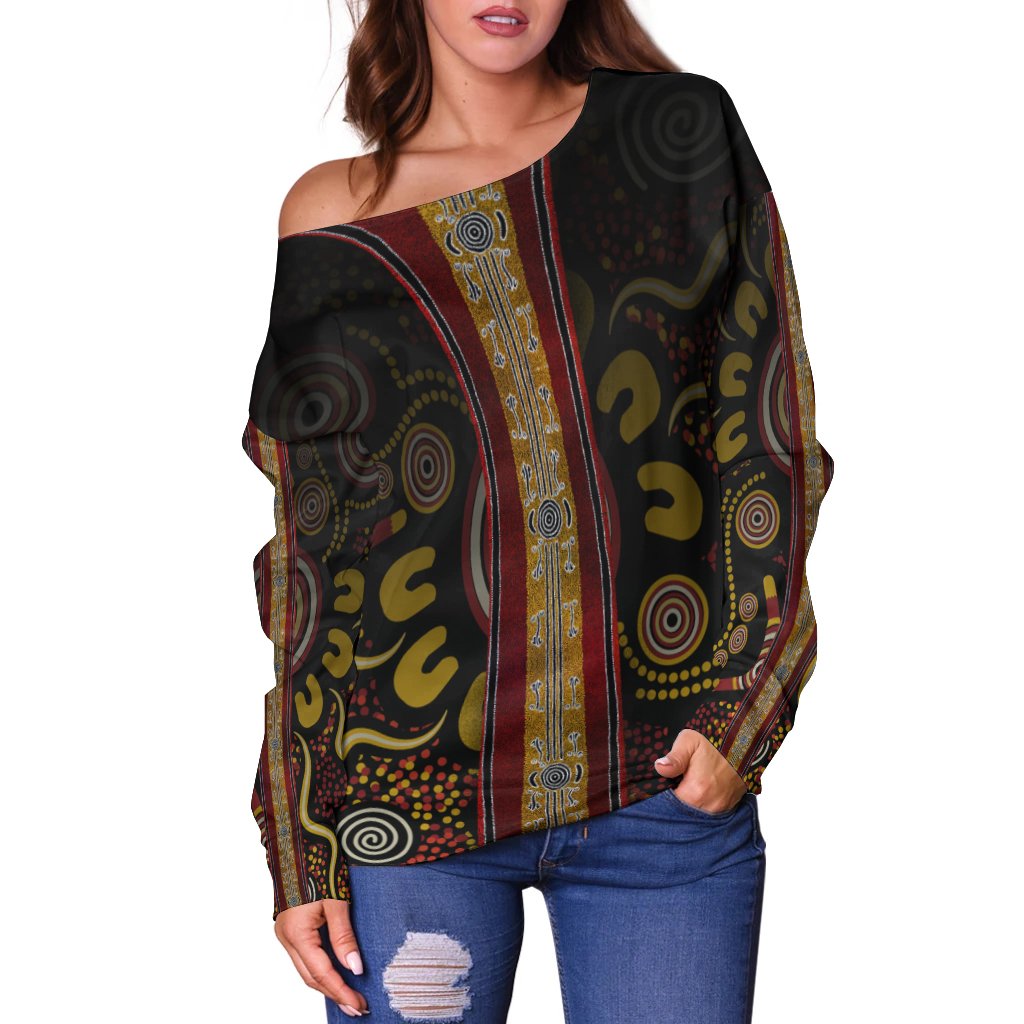 Women Off Shoulder - Aboriginal Dot Panting Art Stripe Lines - Vibe Hoodie Shop