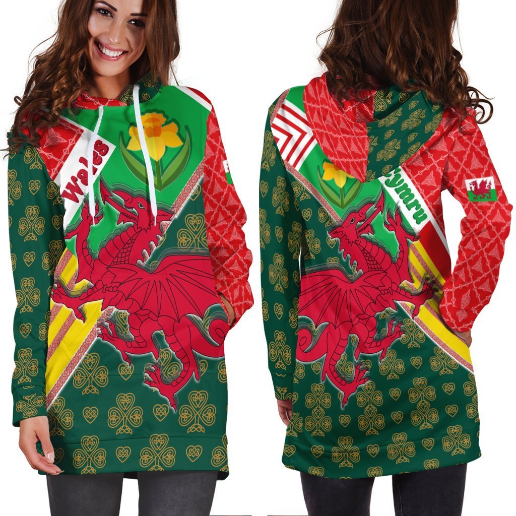 Celtic Wales Hoodie Dress - Cymru Dragon and Daffodils - Vibe Hoodie Shop