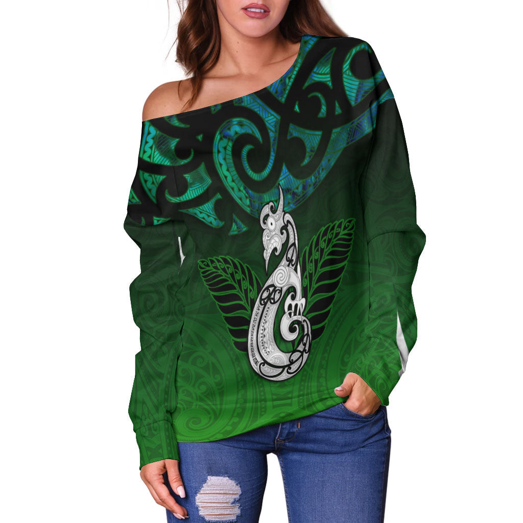 New Zealand Maori Women Off Shoulder Sweater - Paua Shell Green - - Vibe Hoodie Shop