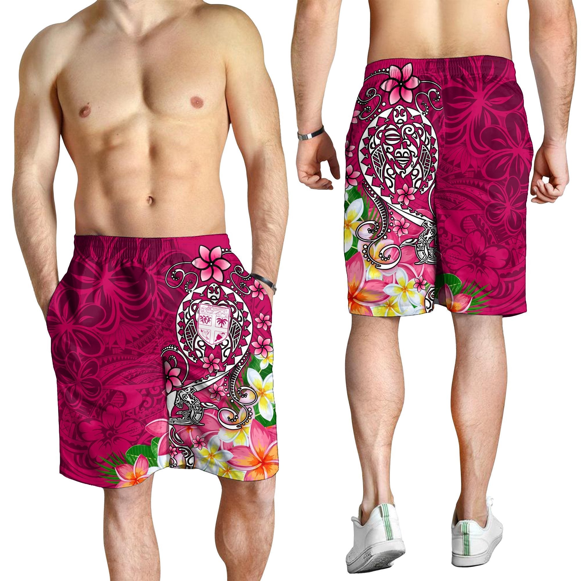 Fiji Men's Shorts - Turtle Plumeria (Pink) - Vibe Hoodie Shop