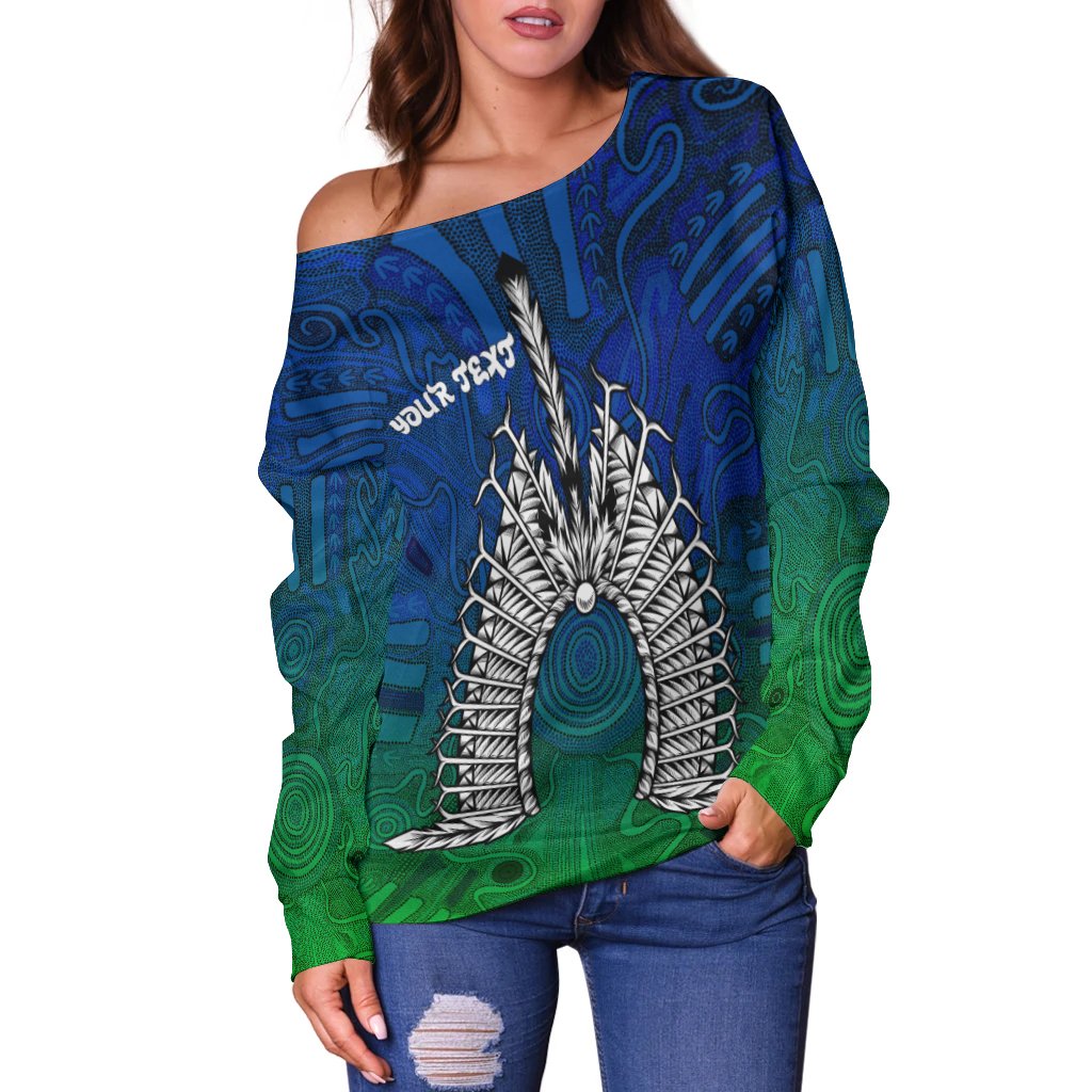 (Custom Text) Torres Strait Islanders Women's Off Shoulder Sweeater - Dhari Mask - Vibe Hoodie Shop