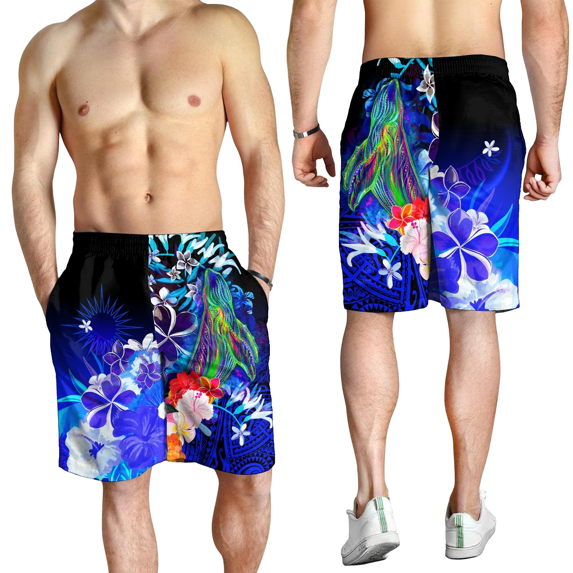 Marshall Islands Men's Shorts - Humpback Whale with Tropical Flowers (Blue) - Vibe Hoodie Shop