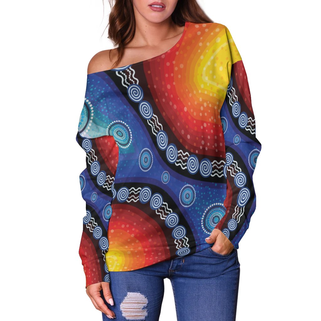 off Shoulder Sweater - Aboriginal Color Dot Painting - Vibe Hoodie Shop