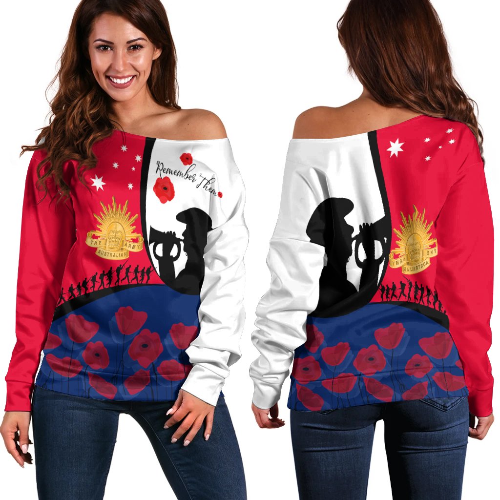 ANZAC Day Women's Off Shoulder Sweater - We will remember Them - Vibe Hoodie Shop