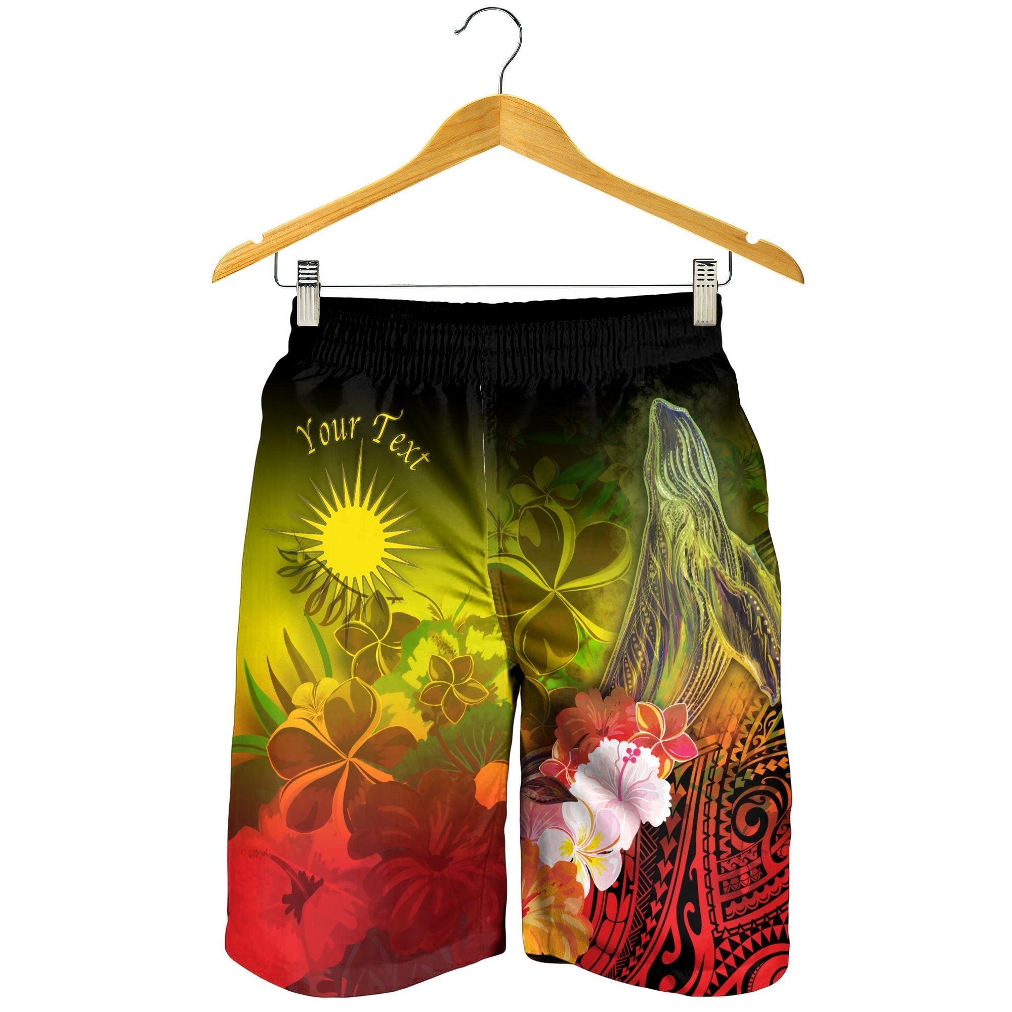 Marshall Islands Custom Personalised Men's Shorts - Humpback Whale with Tropical Flowers (Yellow) - Vibe Hoodie Shop