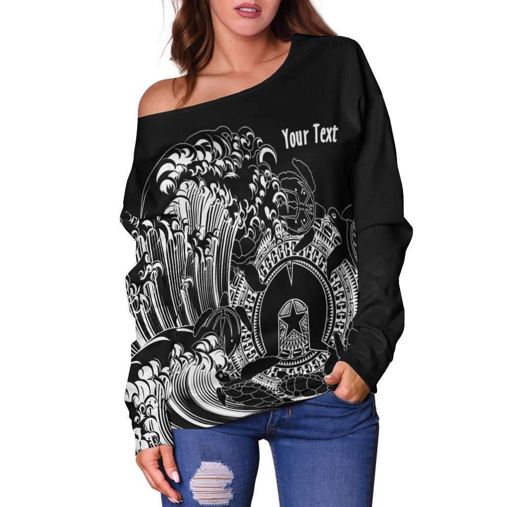 Custom Aboriginal Women's Off Shoulder Sweater, Torres Strait Islands in Wave (Black) - Vibe Hoodie Shop