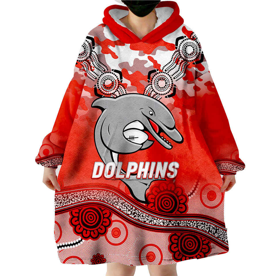 (Custom Personalised) Dolphins Rugby ANZAC Day Camouflage Indigenous Art Wearable Blanket Hoodie - - Vibe Hoodie Shop
