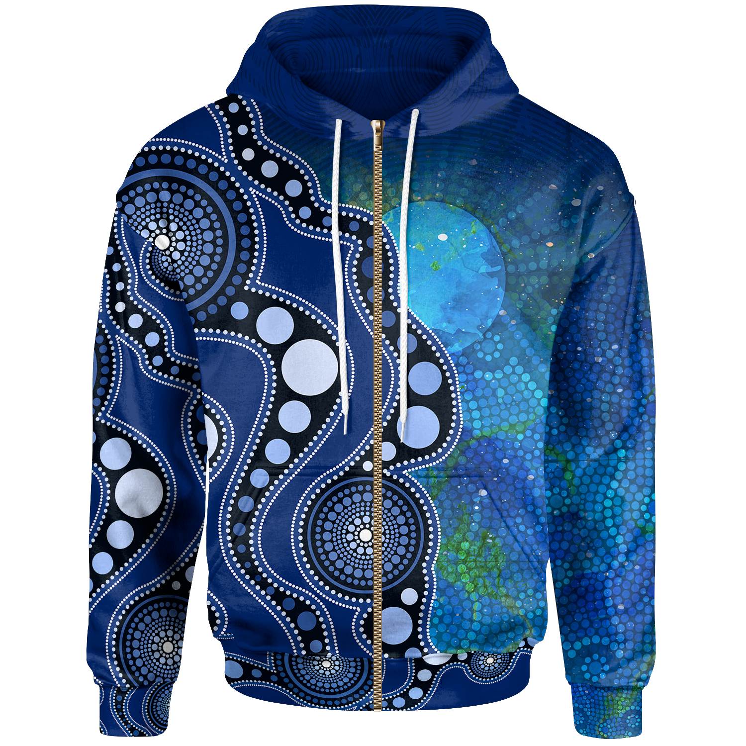 Kid Aboriginal Zip - Up Hoodie - Australia Indigenous Flag Circle Dot Painting Art (Blue) - Vibe Hoodie Shop