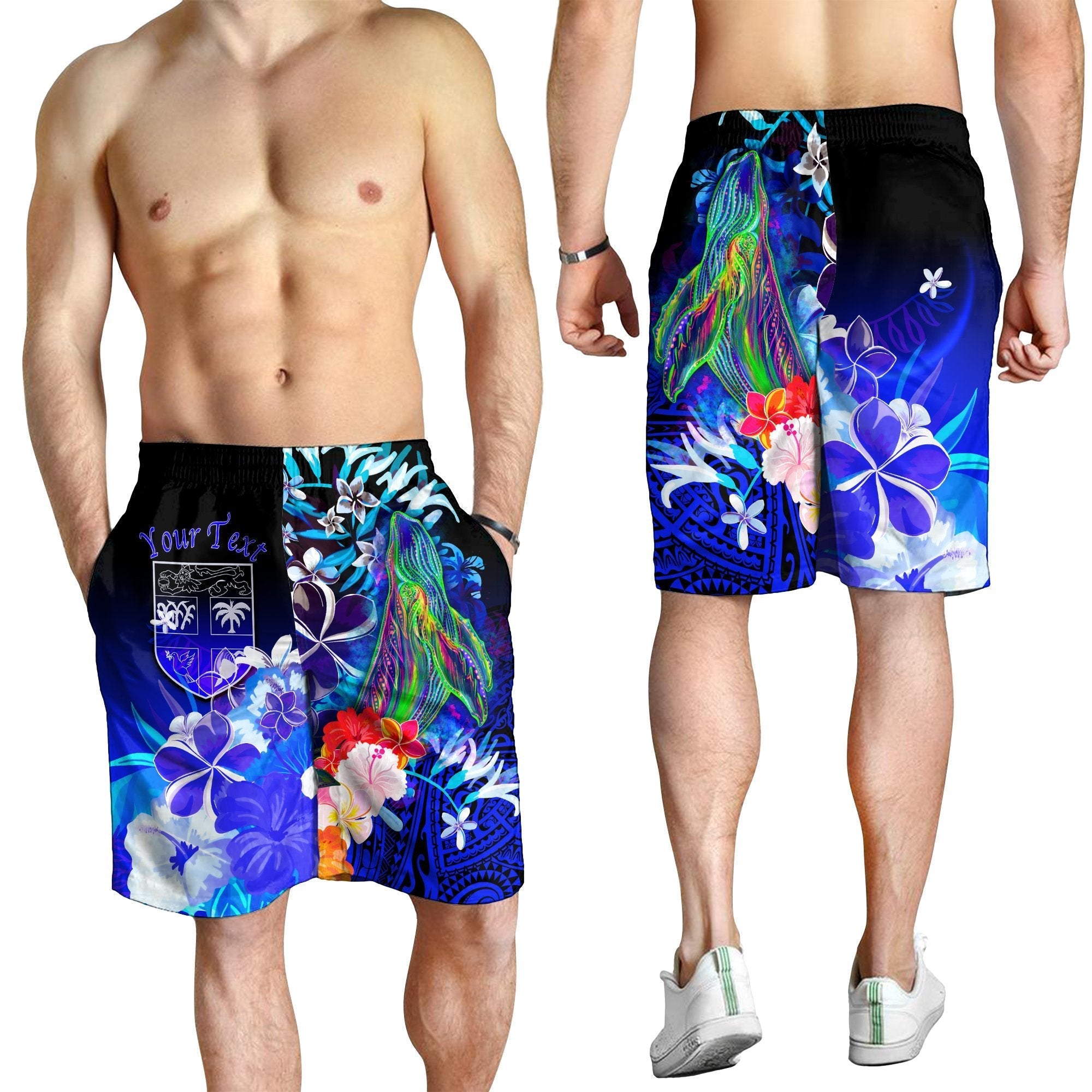 Fiji Custom Personalised Men's Shorts - Humpback Whale with Tropical Flowers (Blue) - Vibe Hoodie Shop