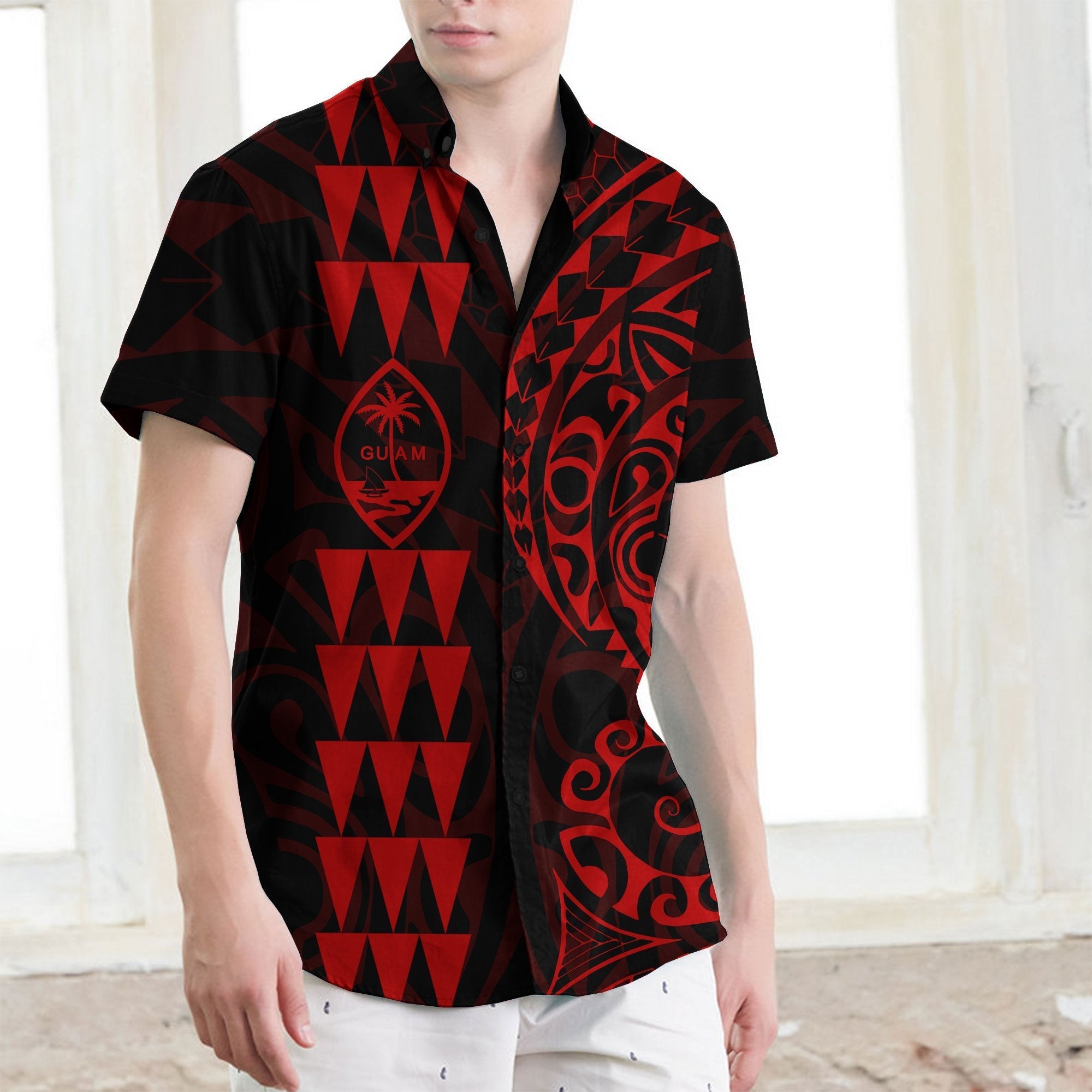 Guam Polynesian Short Sleeve Shirt Red - Vibe Hoodie Shop