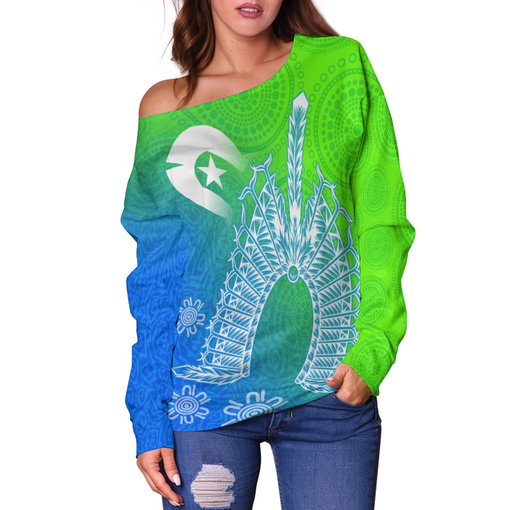 Torres Strait Islanders Women's Off Shoulder Sweater - Dhari Mask Ocean Style - Vibe Hoodie Shop