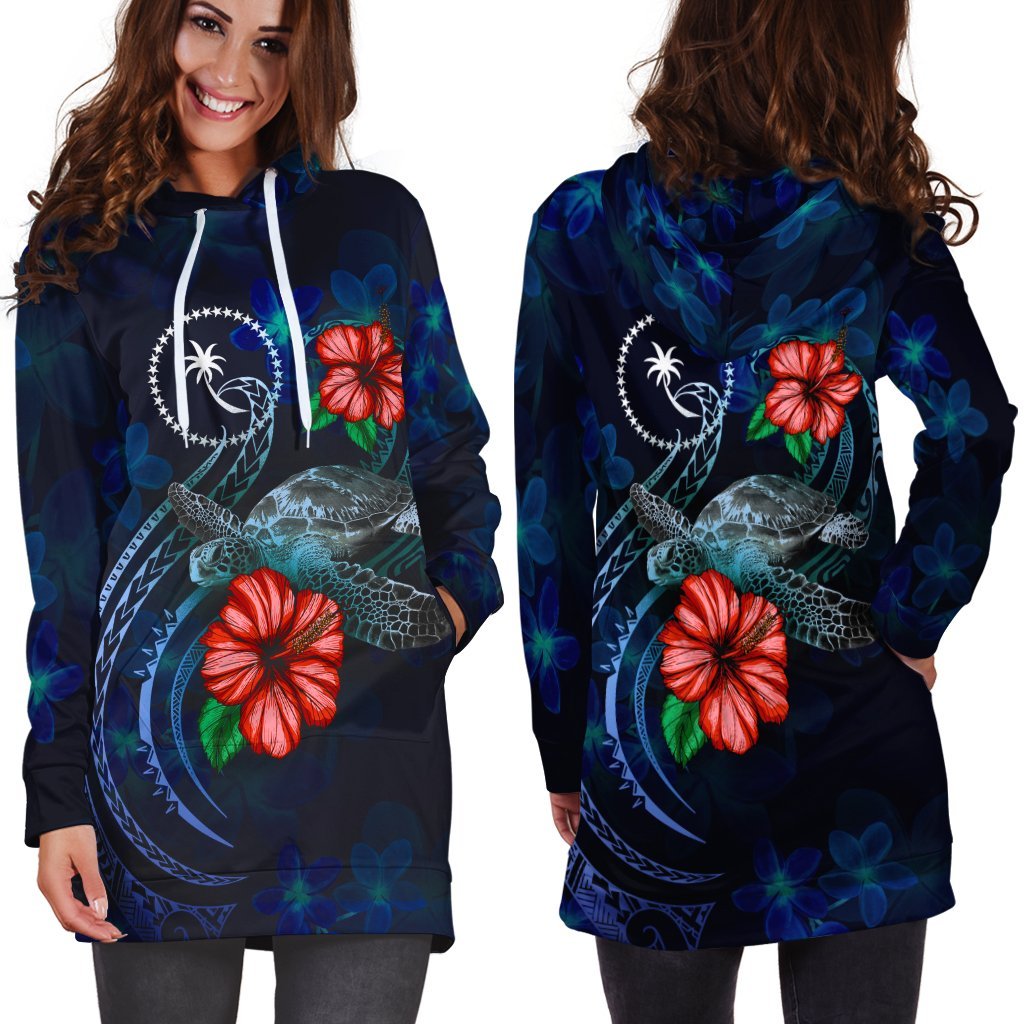 Chuuk Polynesian Hoodie Dress - Blue Turtle Hibiscus - Vibe Hoodie Shop