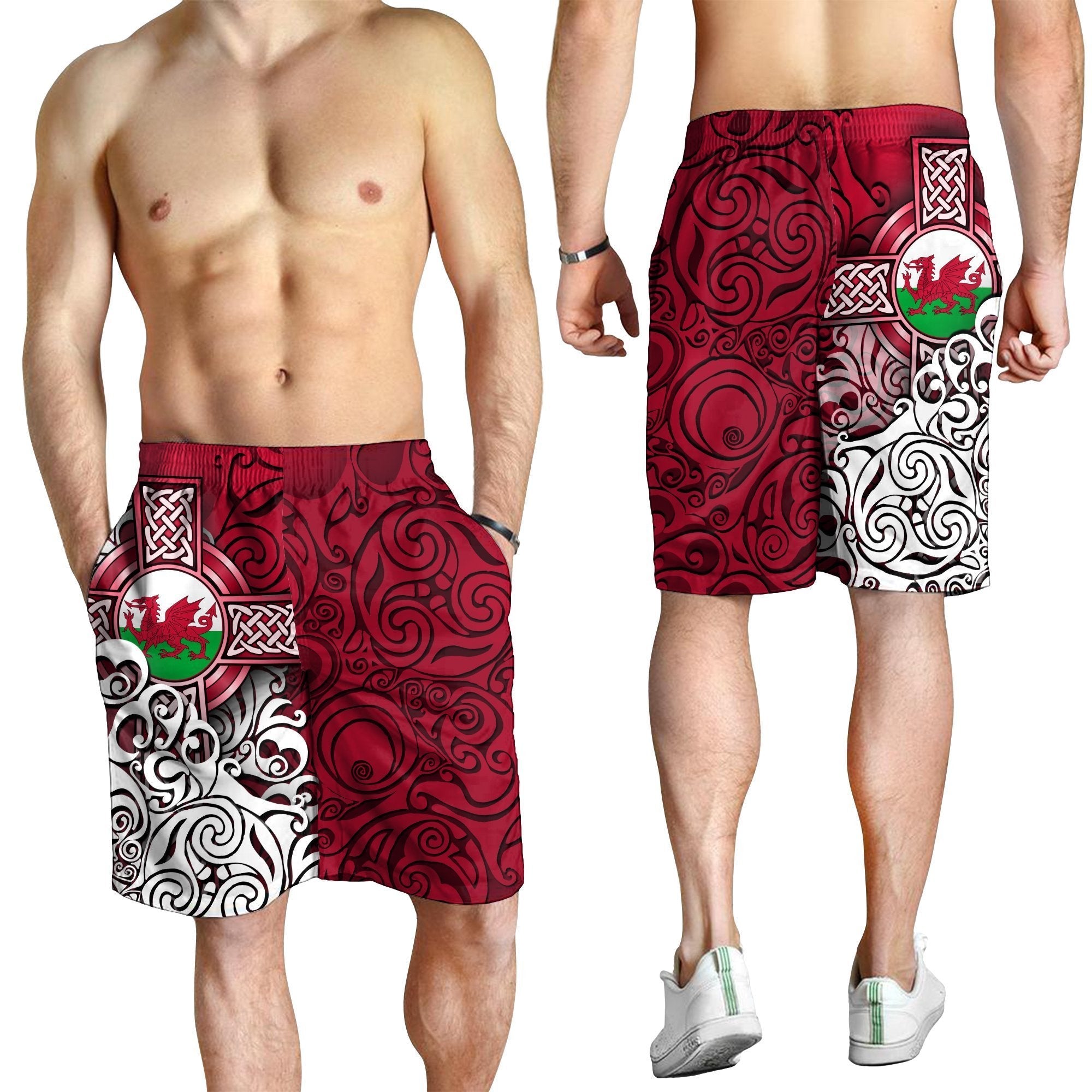 Wales Celtic Men's Shorts - Welsh Dragon Flag with Celtic Cross - Vibe Hoodie Shop