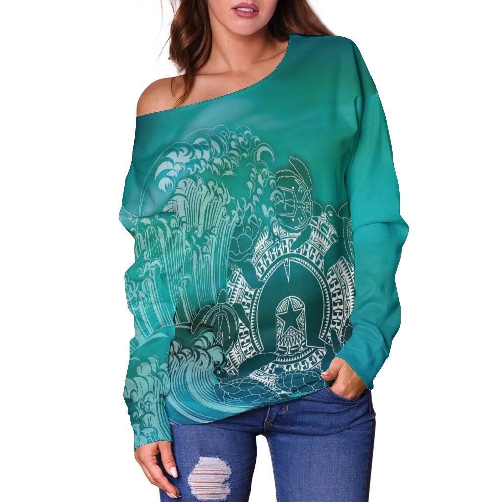 Aboriginal Women's Off Shoulder Sweater, Torres Strait Islands in Wave - Vibe Hoodie Shop