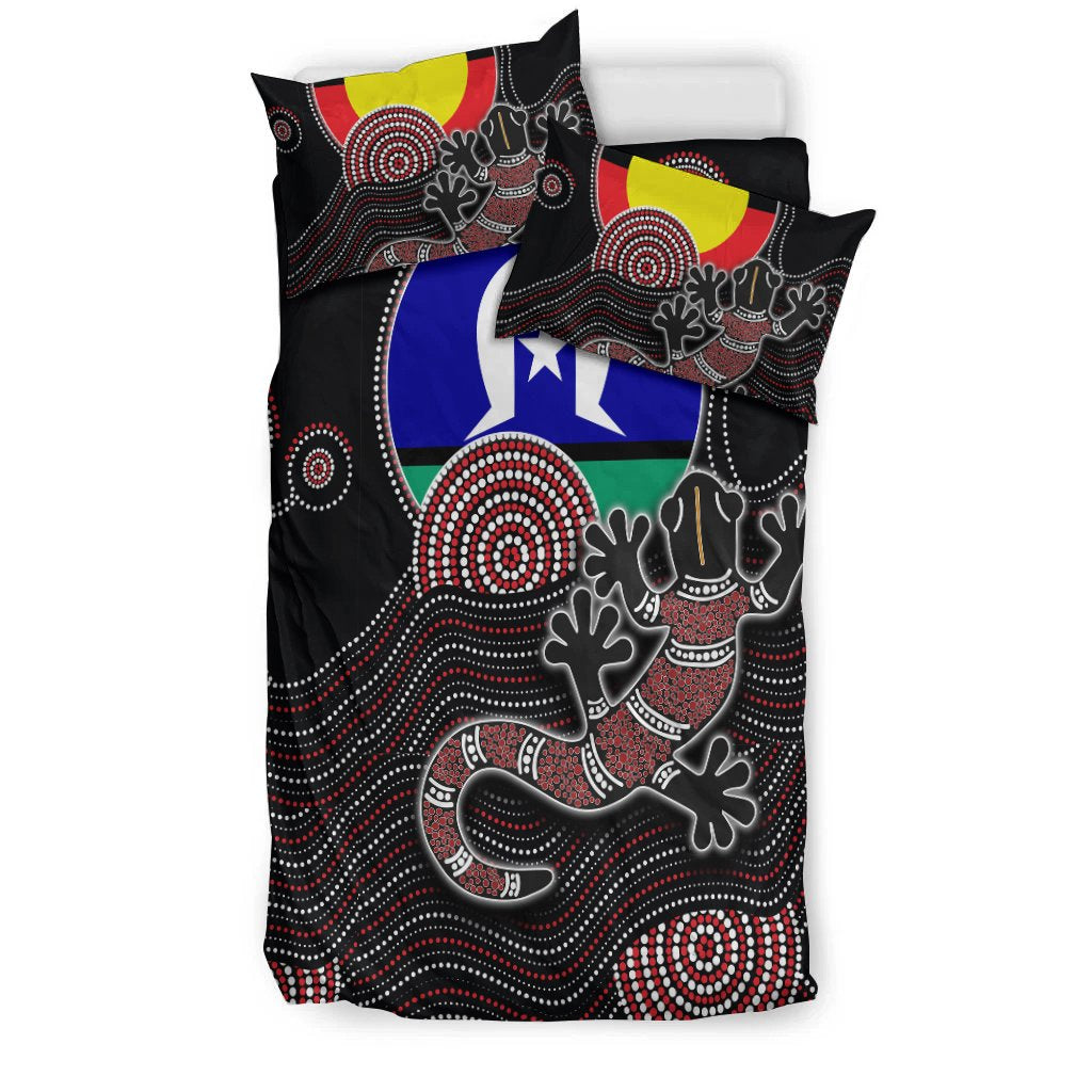 Aboriginal Bedding Set - Gecko with Torres Strait Islanders Flag - Vibe Hoodie Shop