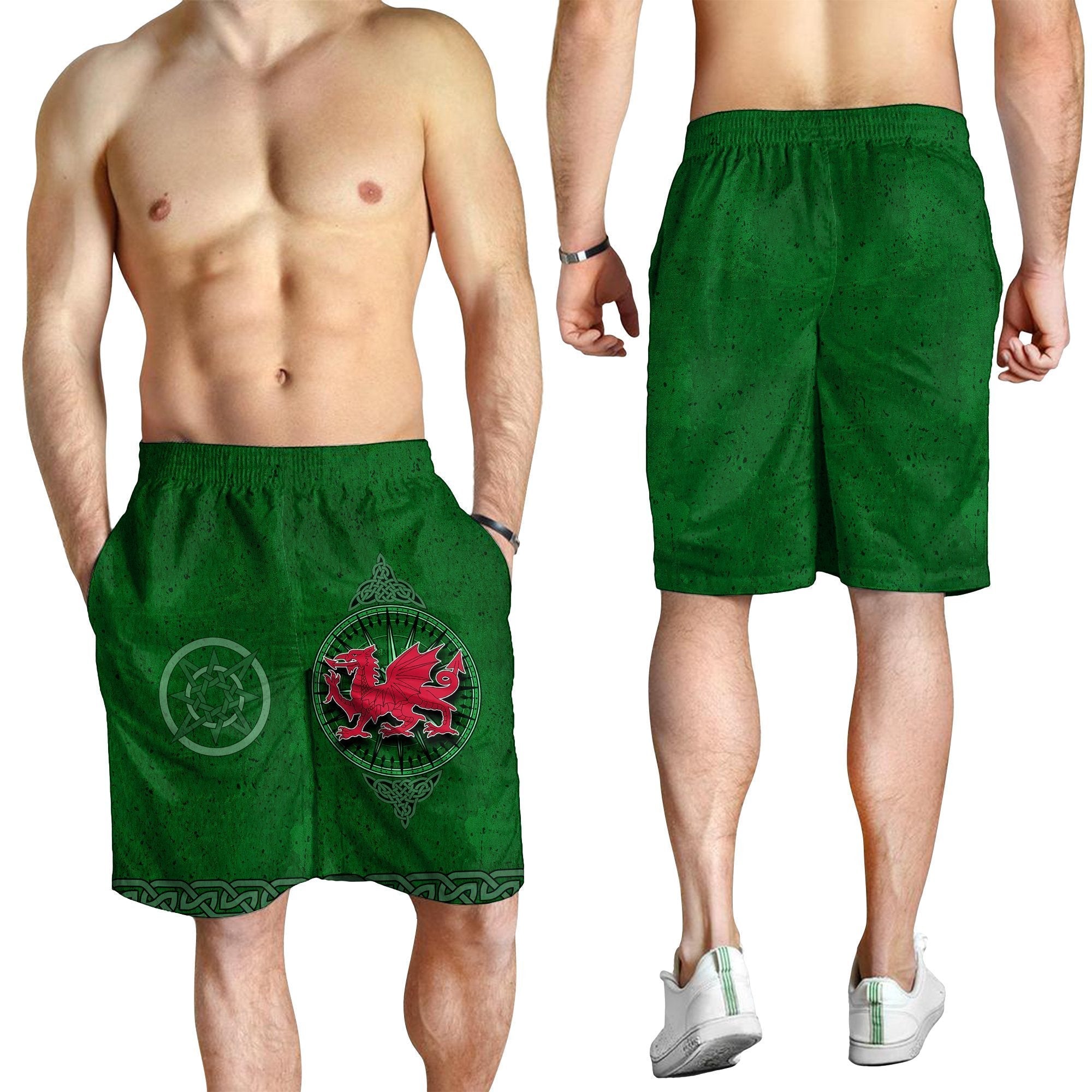 Wales Celtic Shorts Men - Celtic Compass With Welsh Dragon - Vibe Hoodie Shop