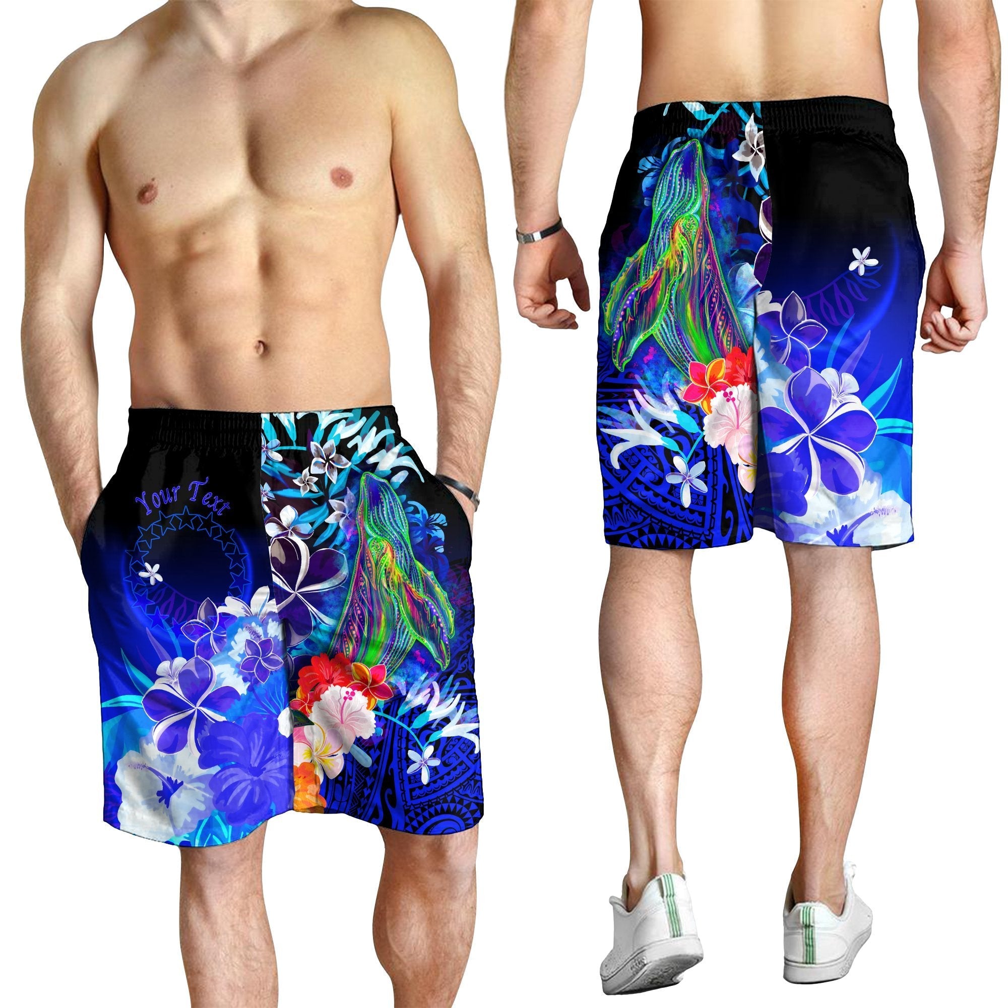 Cook Islands Custom Personalised Men's Shorts - Humpback Whale with Tropical Flowers (Blue) - Vibe Hoodie Shop