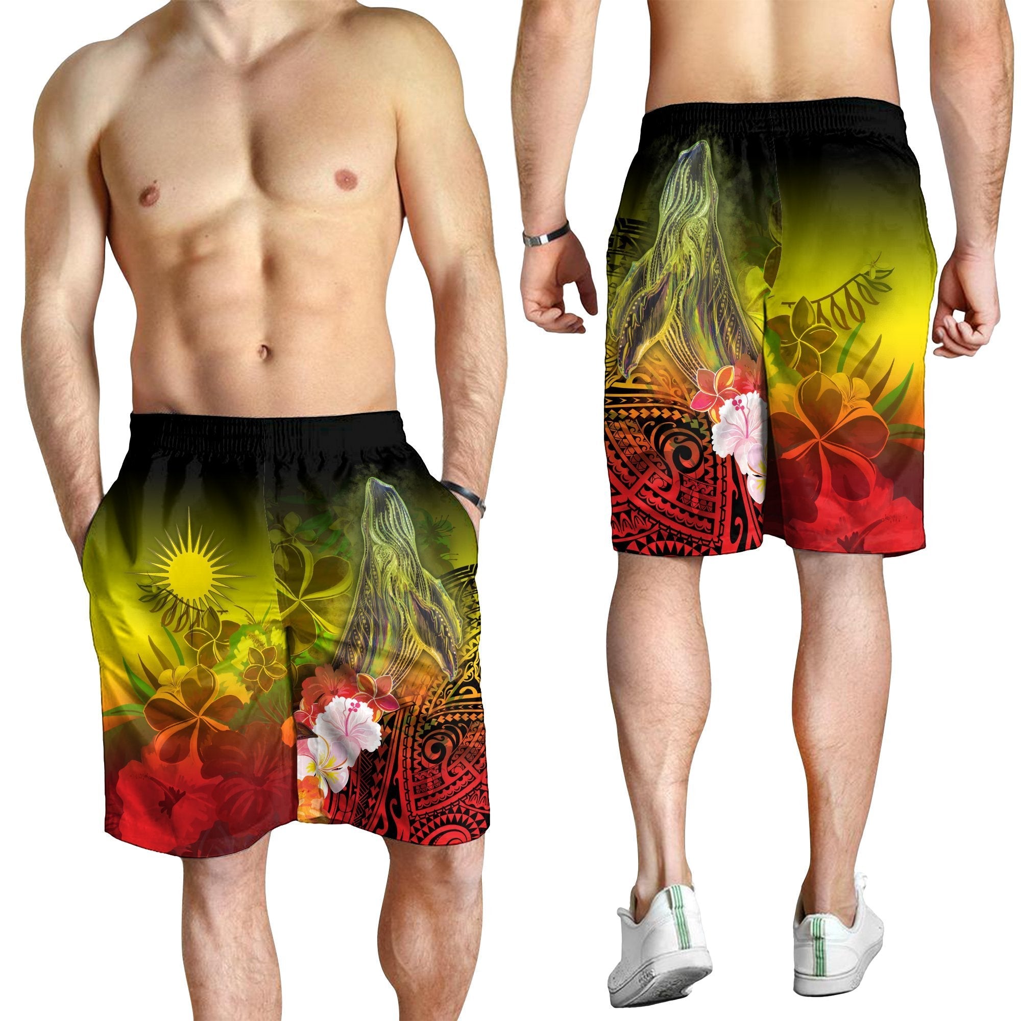 Marshall Islands Men's Short - Humpback Whale with Tropical Flowers (Yellow) - Vibe Hoodie Shop