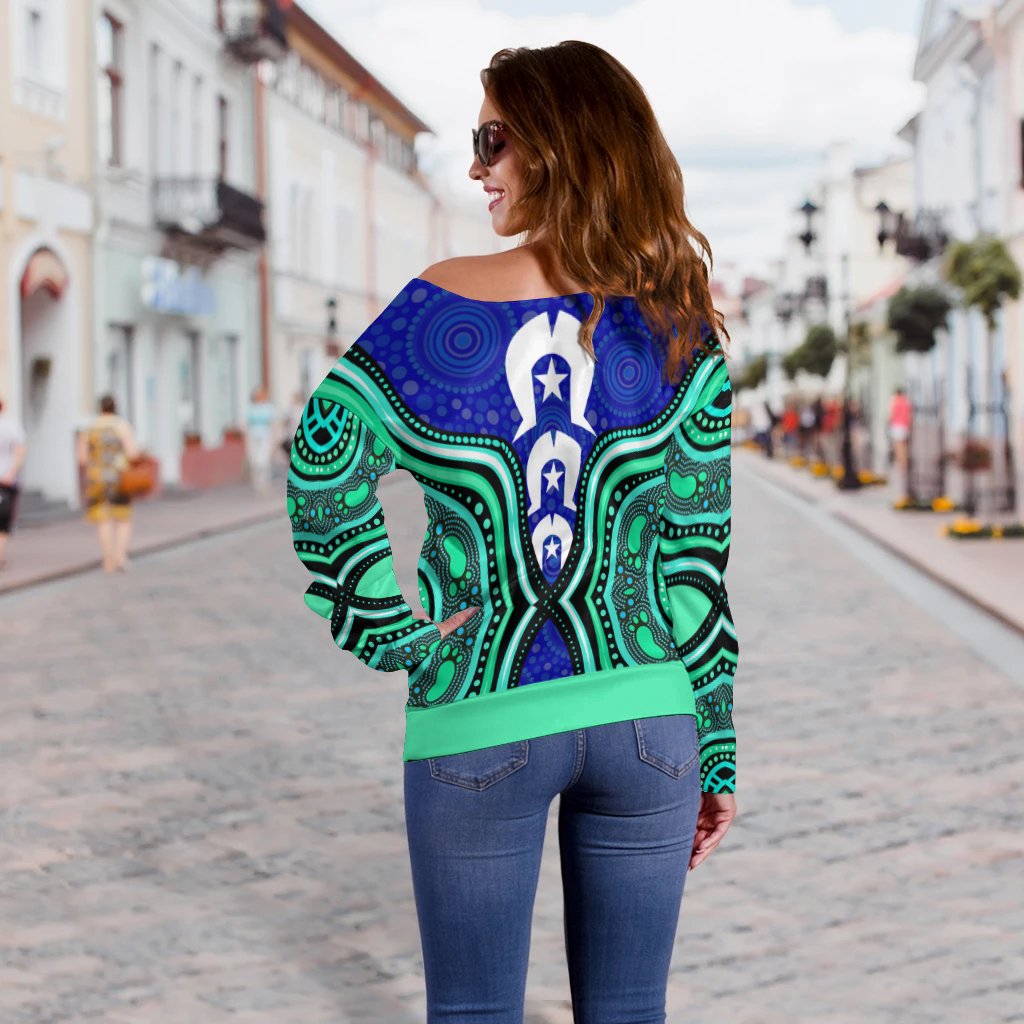 Torres Strait Women's Off Shoulder Sweater - Torres Strait Symbol And Aboriginal Patterns - Vibe Hoodie Shop