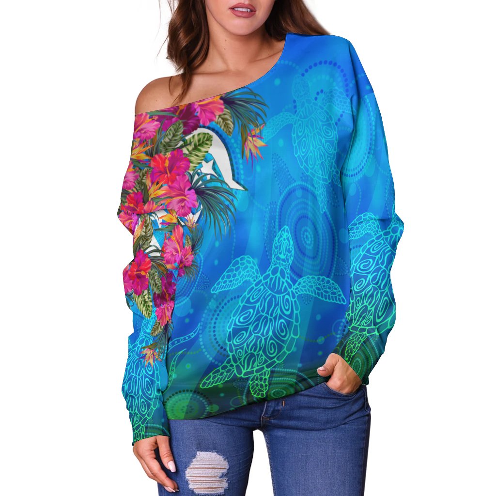 Women Off Shoulder - Torres Strait Blue Sea With Hibiscus - Vibe Hoodie Shop