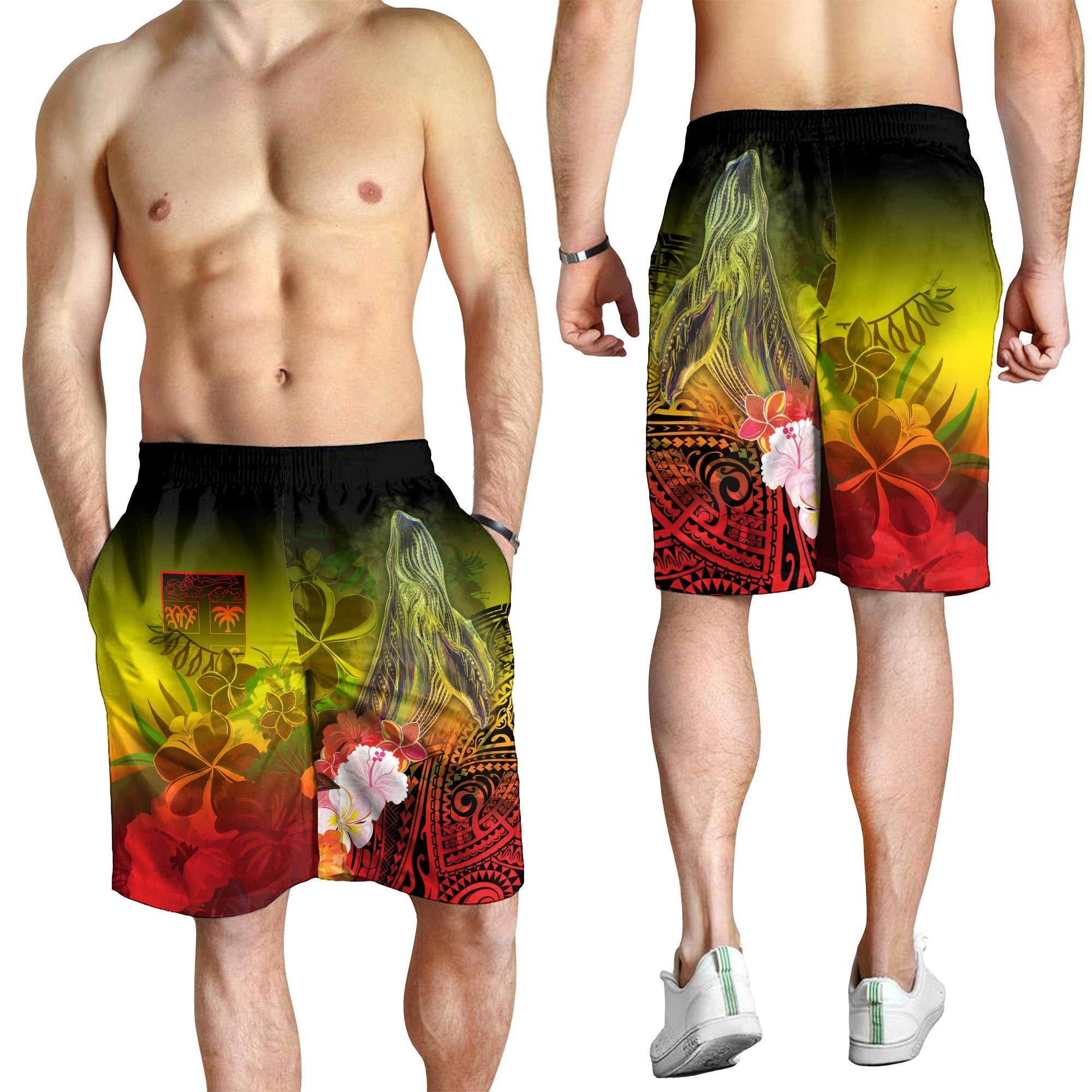 Fiji Men's Shorts - Humpback Whale with Tropical Flowers (Yellow) - Vibe Hoodie Shop