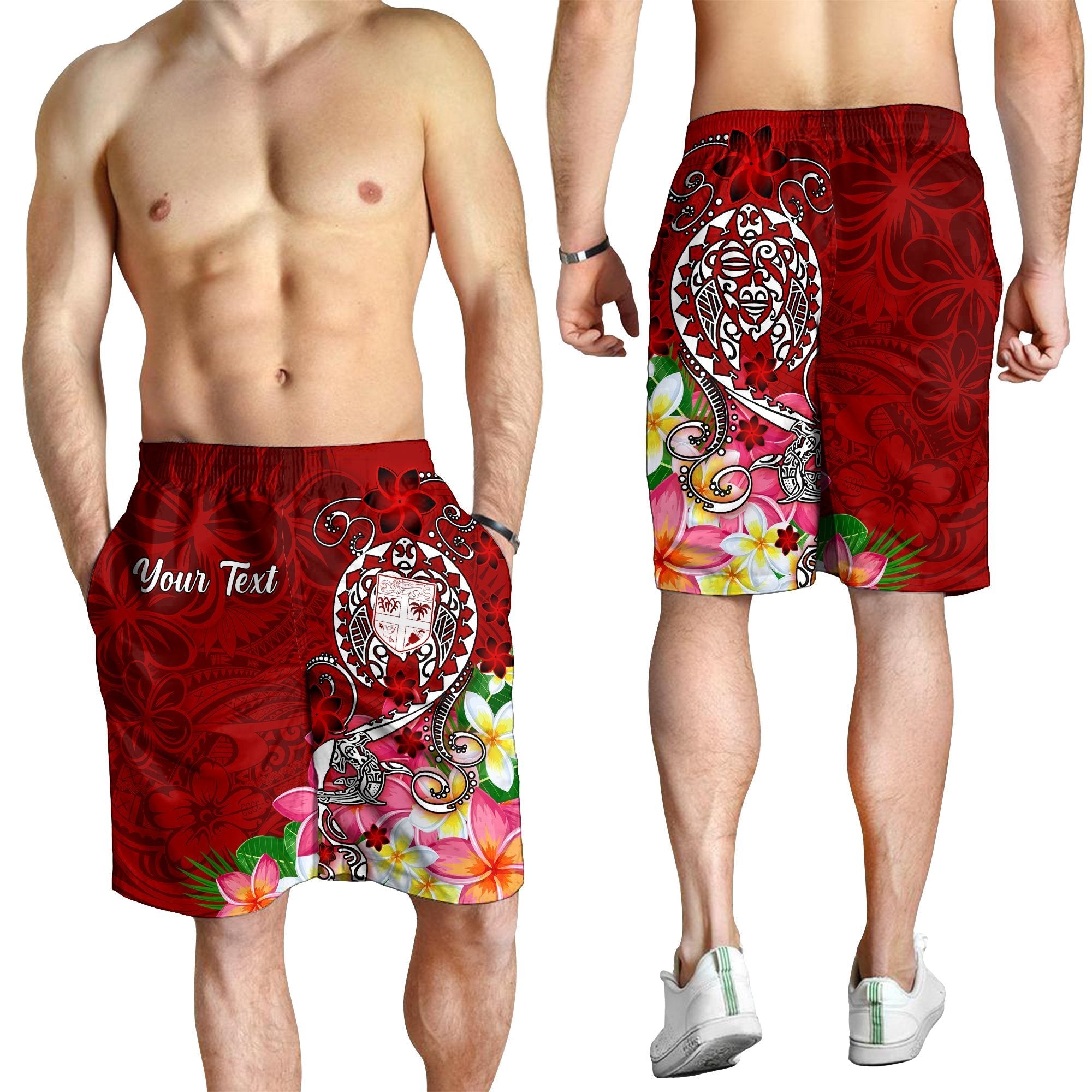 Fiji Custom Personalised Men's Shorts - Turtle Plumeria (Red) - Vibe Hoodie Shop