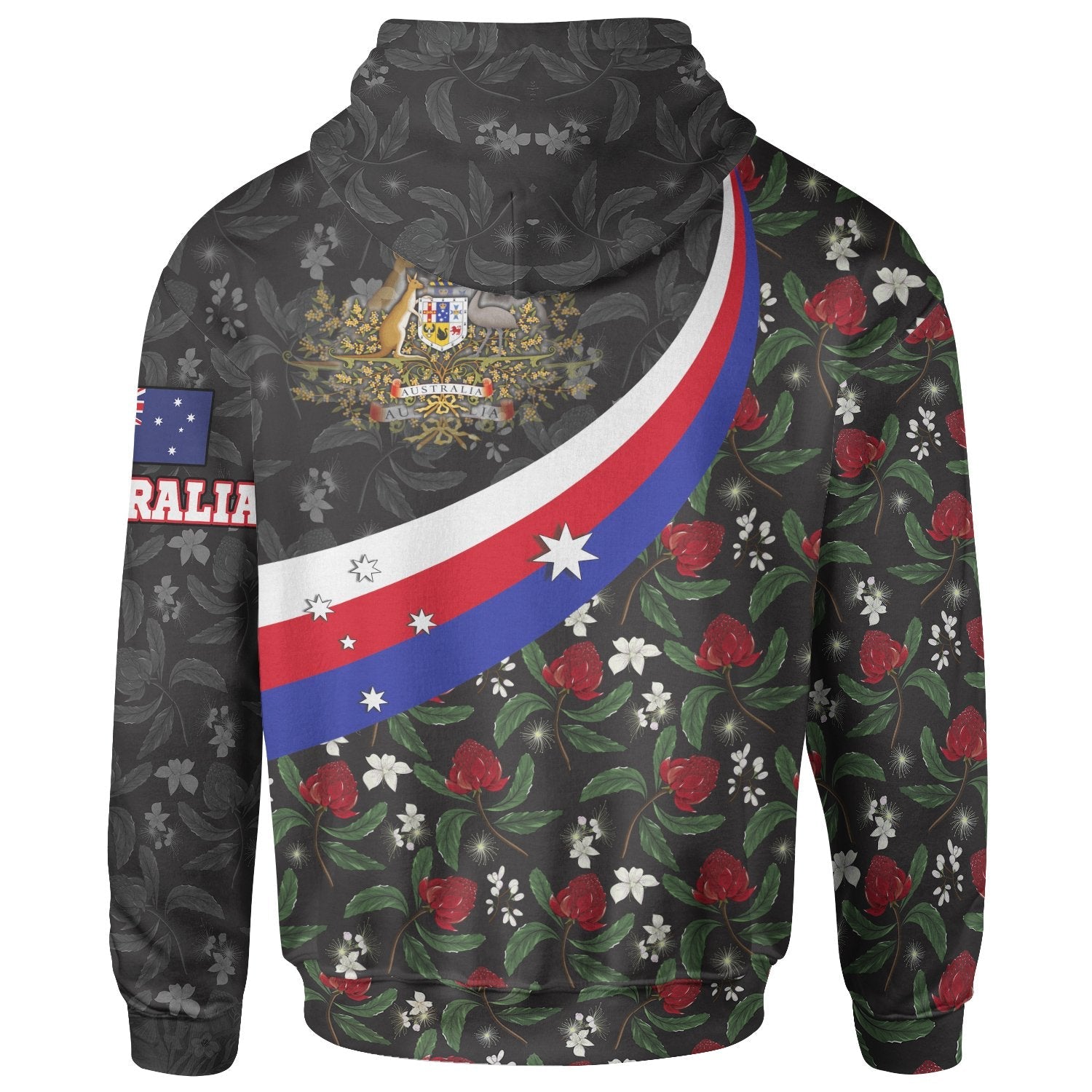 Zip - Up Hoodie, Australia Coat Of Arms with Waratah Patterns - Vibe Hoodie Shop