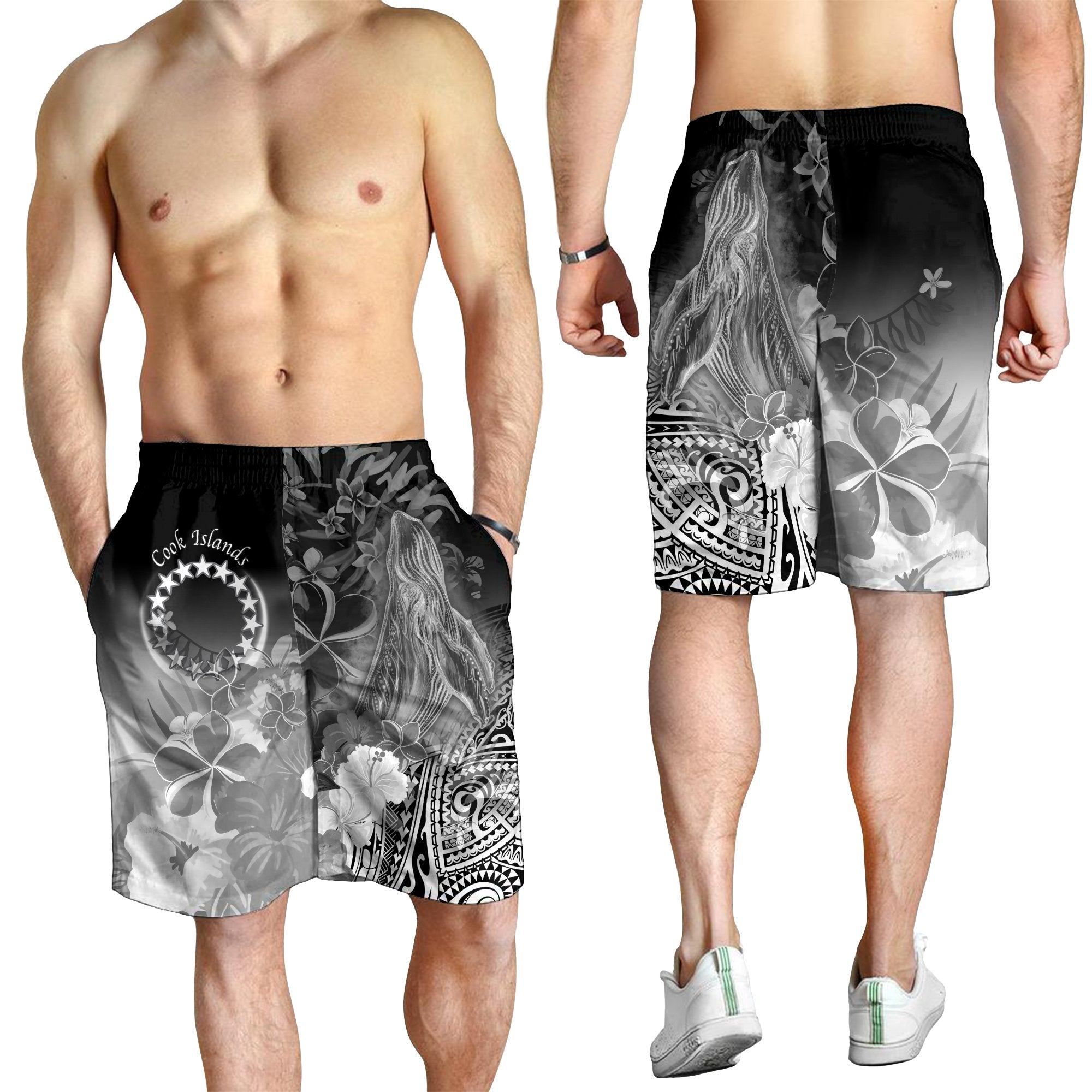 Cook Islands Men's Shorts - Humpback Whale with Tropical Flowers (White) - Vibe Hoodie Shop