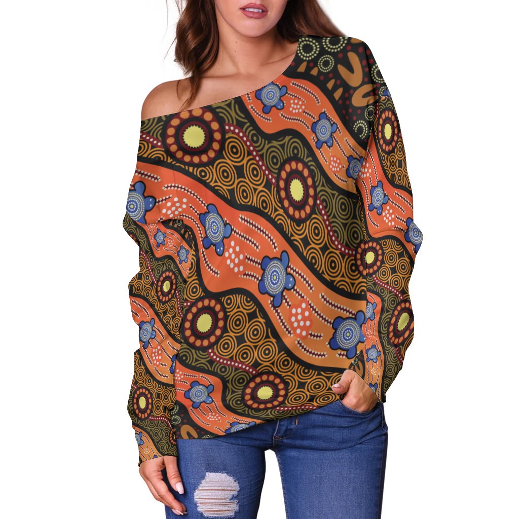 Off Shoulder Sweater - Aboriginal Dot Unique Style Turtle - Vibe Hoodie Shop