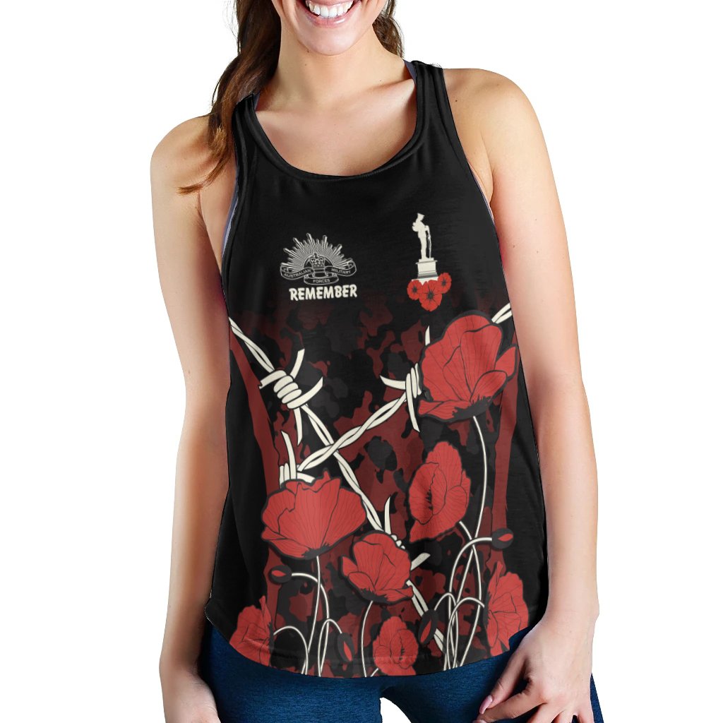 ANZAC Women's Racerback Tank - ANZAC with Remembrance Poppy Flower Ver2 - Vibe Hoodie Shop