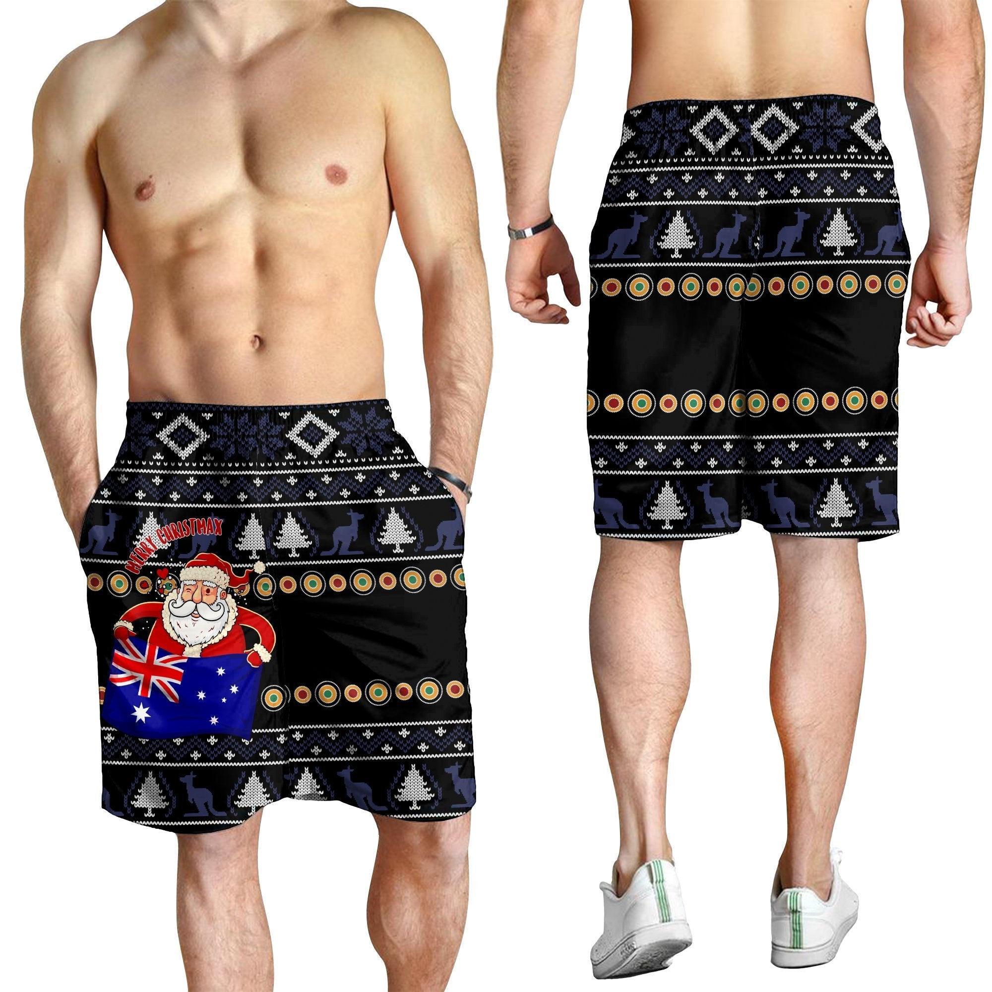 Christmas Men's Short - Australia Santa Claus Hold The Flag (Black) - Vibe Hoodie Shop