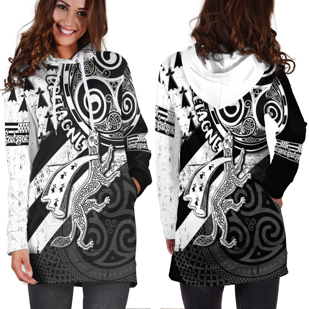 Celtic Bretagne Women's Hoodie Dress - Brittany Ermine With Celtic Triskelion V2 - Vibe Hoodie Shop