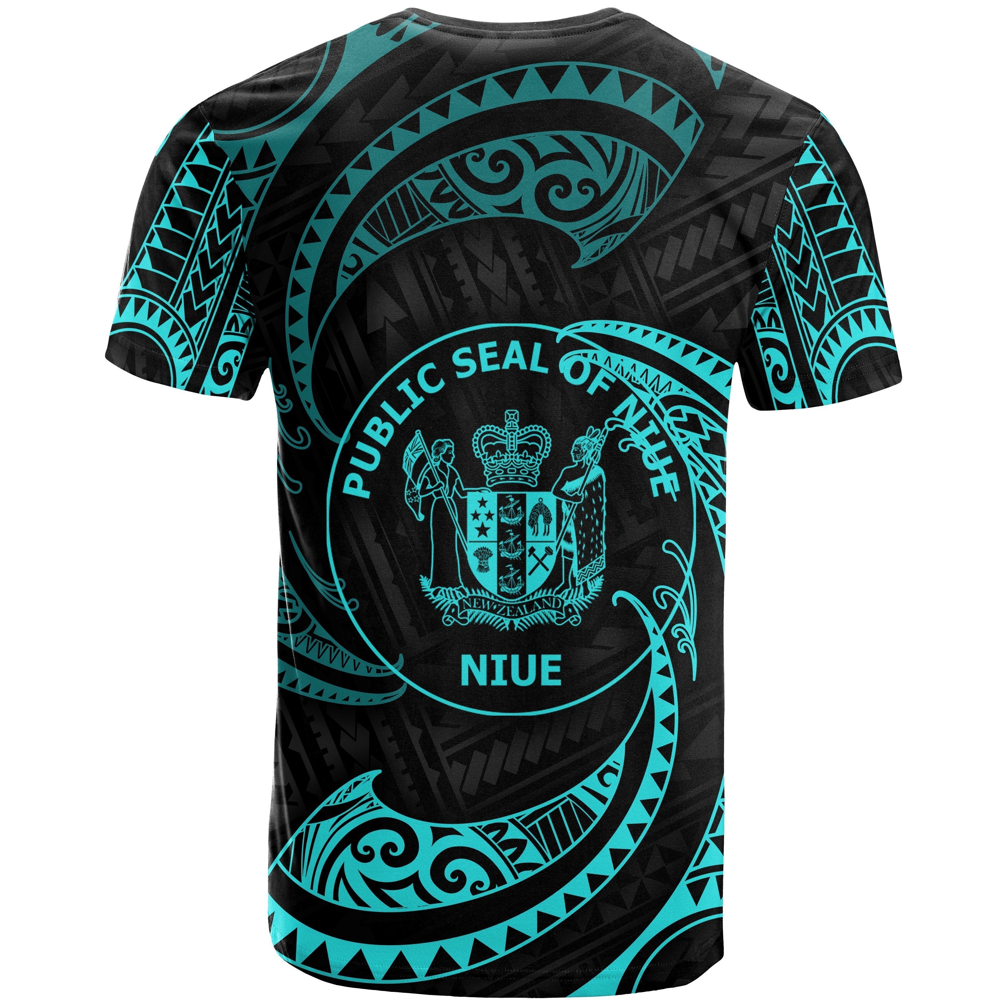 Niue Polynesian Custom Personalised T shirt - Neon Blue Tribal Wave - Vibe Hoodie Shop