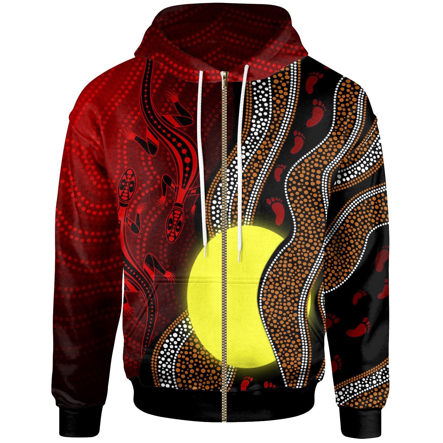 Aboriginal Zip - Up Hoodie - Aboriginal Flag Lizard Dot Painting Style (For Kids) - Vibe Hoodie Shop