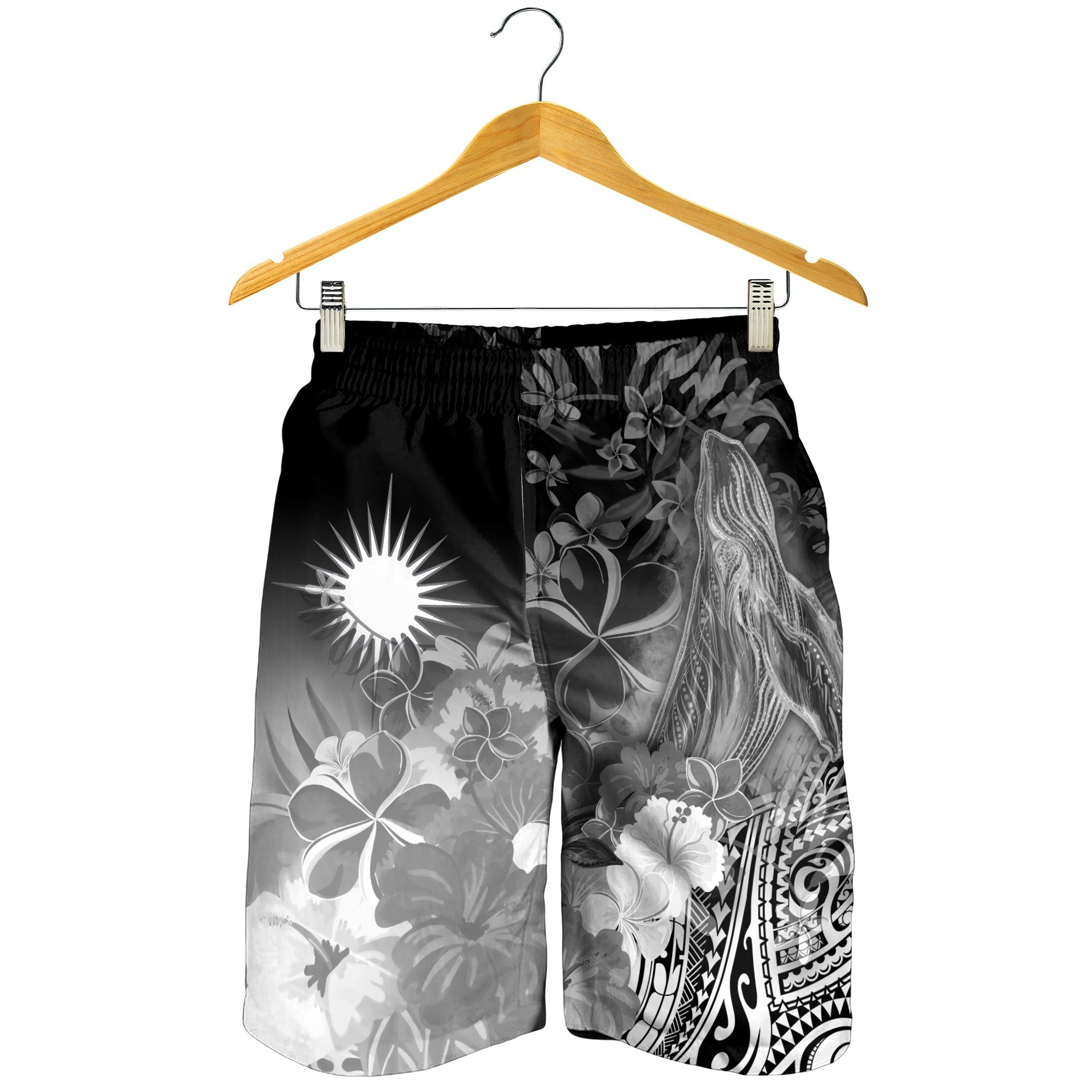 Marshall Islands Men's Shorts - Humpback Whale with Tropical Flowers (White) - Vibe Hoodie Shop