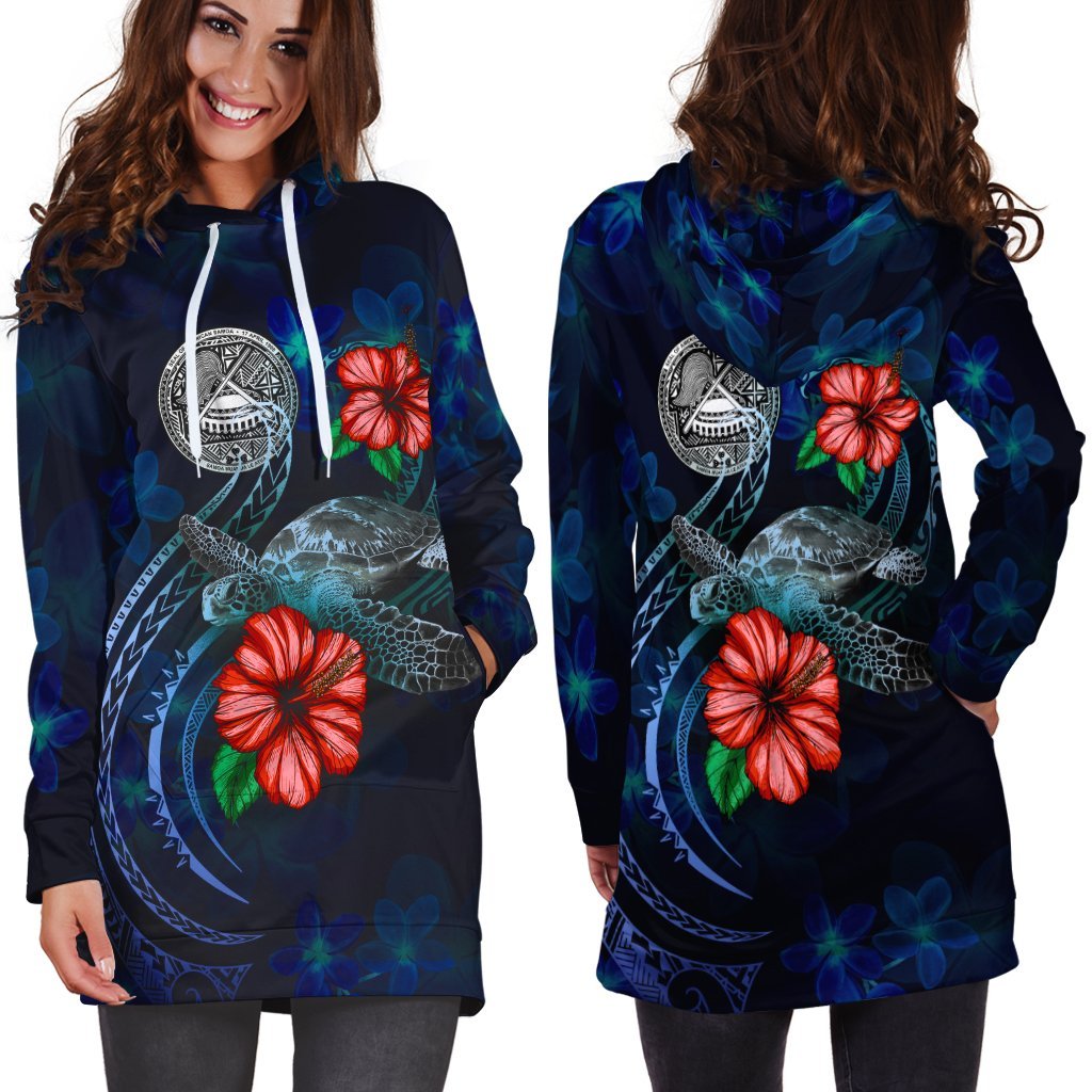 American Samoa Polynesian Hoodie Dress - Blue Turtle Hibiscus - Vibe Hoodie Shop