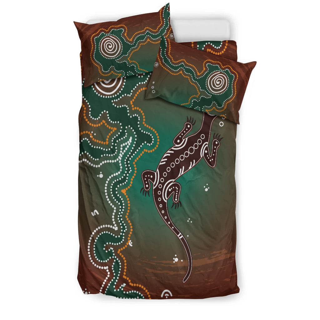 Aboriginal Lizard Bedding Set - Indigenous Dot Painting Art - - Vibe Hoodie Shop