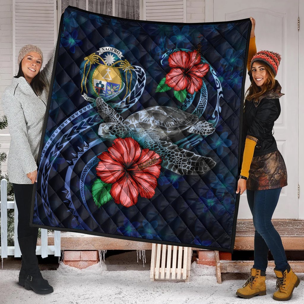 Nauru Polynesian Premium Quilt - Blue Turtle Hibiscus - Vibe Hoodie Shop