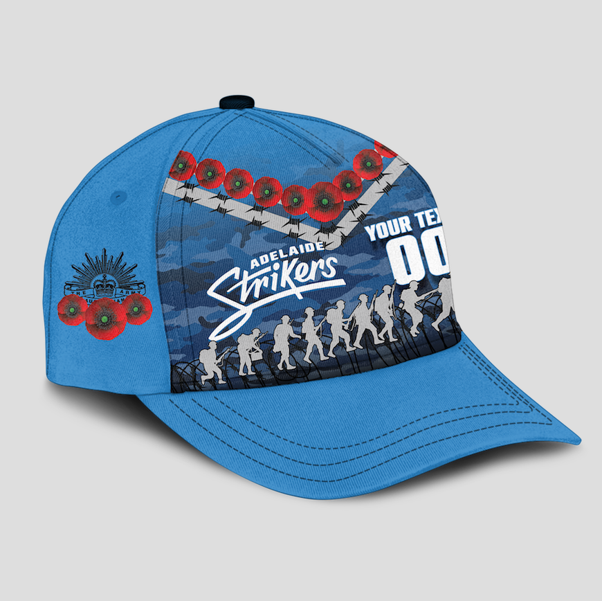 (Custom Personalised) Adelaide Strikers ANZAC 2022 Caps Camouflage With Poppy - - Vibe Hoodie Shop