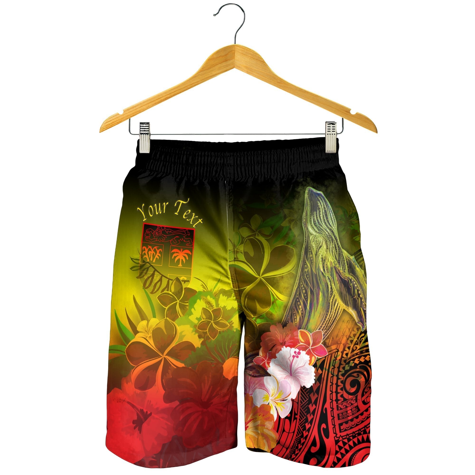 Fiji Custom Personalised Men's Shorts - Humpback Whale with Tropical Flowers (Yellow) - Vibe Hoodie Shop